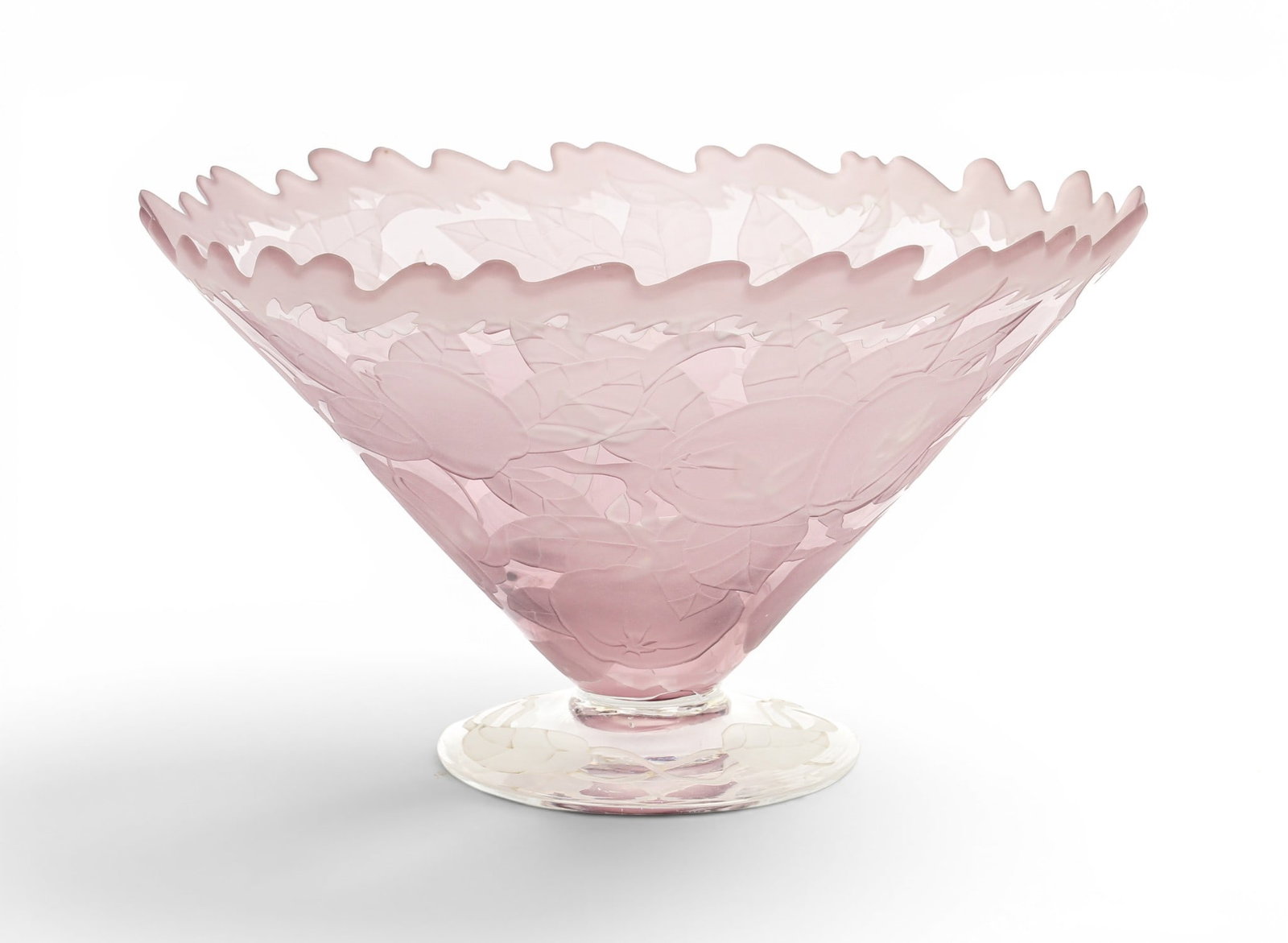 Marialyce Hawke Purple Acid Etched Center Bowl, Fruits: Description: A studio art glass bowl in purple with etched relief fruit and vine decoration. Markings & Inscriptions: Signed on the base Date: Late 20th cetury Maker: Marialyce Hawke Dimensions: 7.5" 