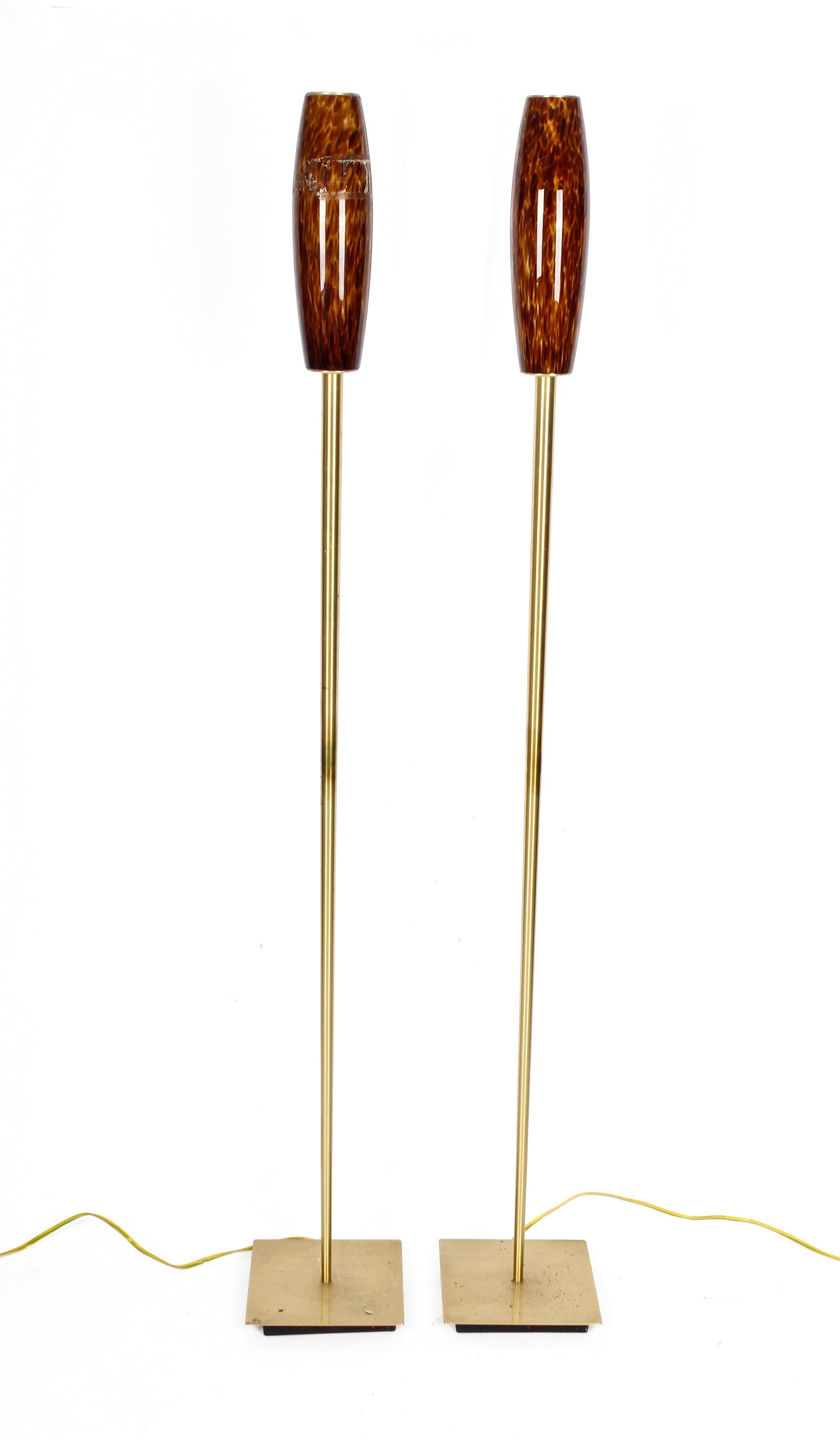 Holtkotter Leuchten Brass & Art Glass Floor Lamps: Description: Two Holtkotter Leuchten brushed brass and tortoiseshell style art glass shades. Markings & Inscriptions: Labeled Date: Late 20th century Maker: Holtkotter Leuchten Dimensions: 71" H. Prov