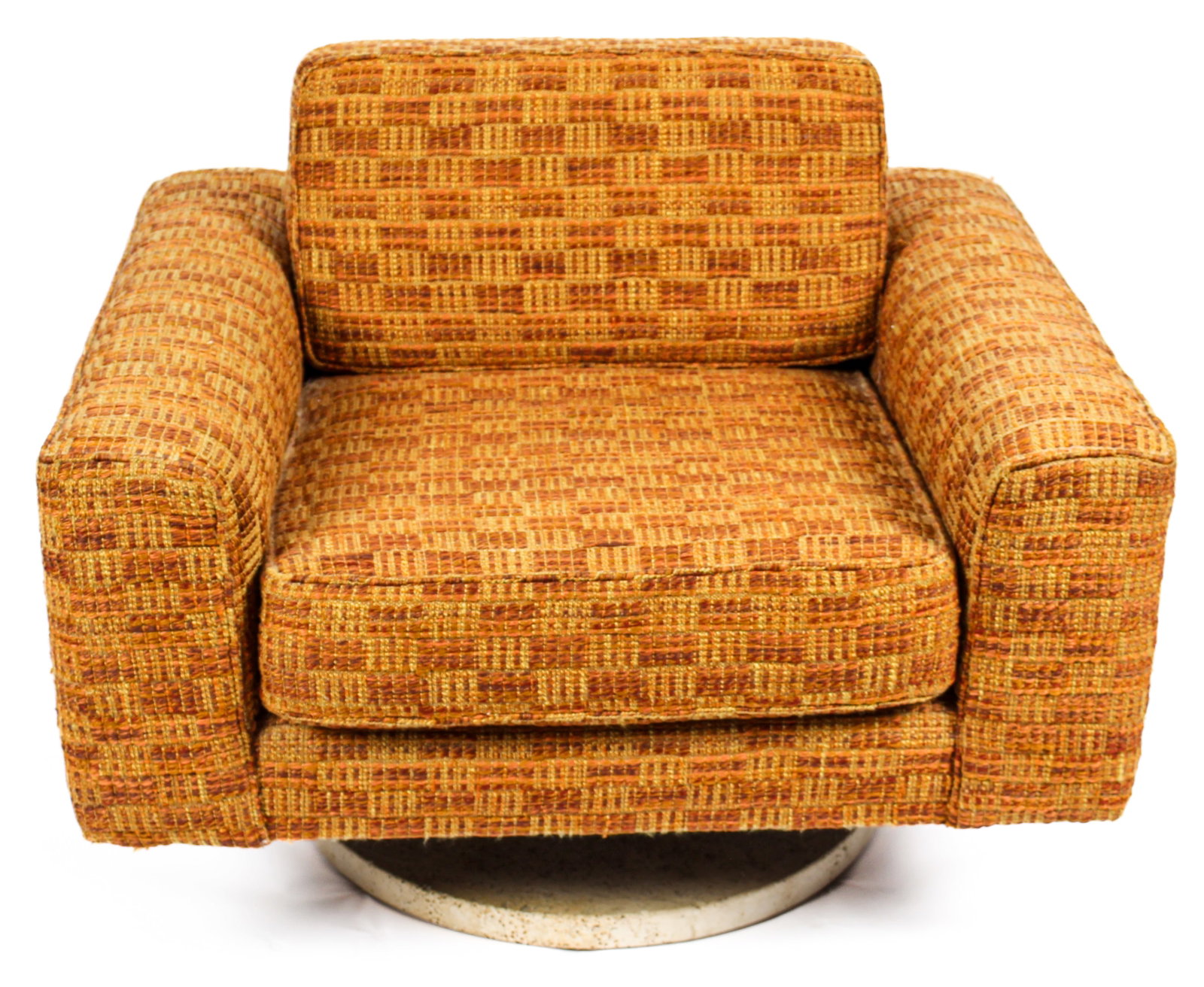 Harvey Probber Style Swivel Club Lounge Chair: Description: A Harvey Probber style swivel club lounge chair in orange, textural checked upholstery. On a round, white cement base. Markings & Inscriptions: Unmarked Date: Mid-20th century Maker: Styl