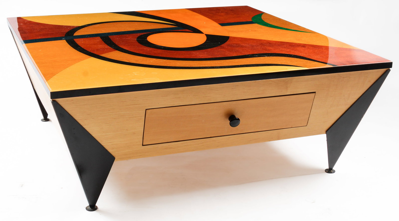Benjamin Le Postmodern Abstract Design Coffee Table: Description: A Benjamin Le signed post modern coffee table. With an abstract acrylic design, angular metal legs ending in pad feet, and two drawers with black knob pulls. Markings & Inscriptions: Sign