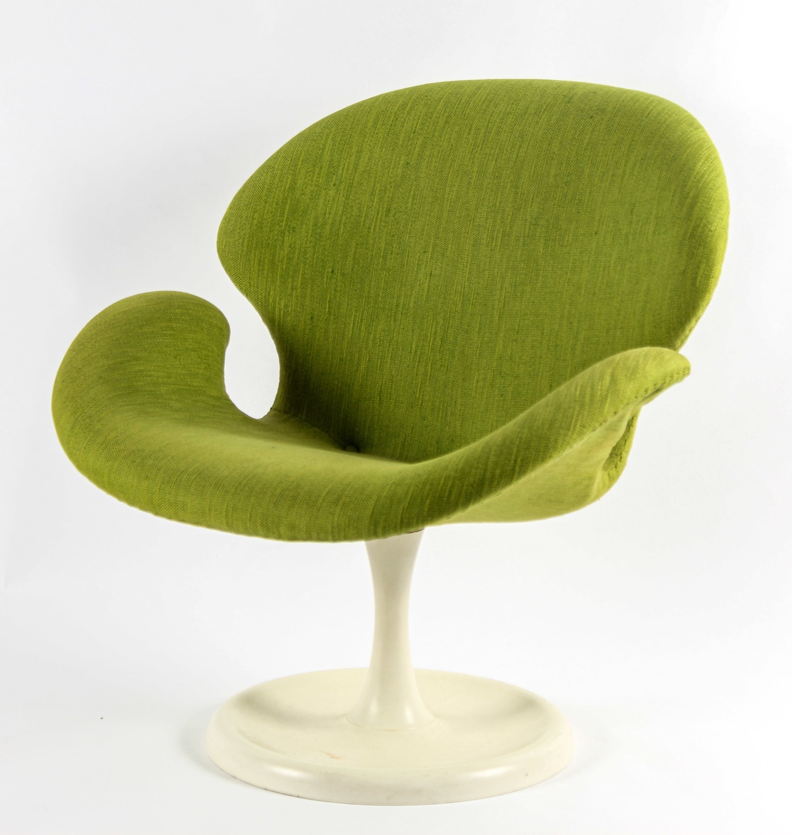 Mid Century Aage Egeriis Orchid Swivel Armchair: Description: A mid century modern swivel chair in lime green upholstery on white painted metal tulip style swivel base. Markings & Inscriptions: Unmarked Date: 1960s Maker: Aage Egeriis for France & S