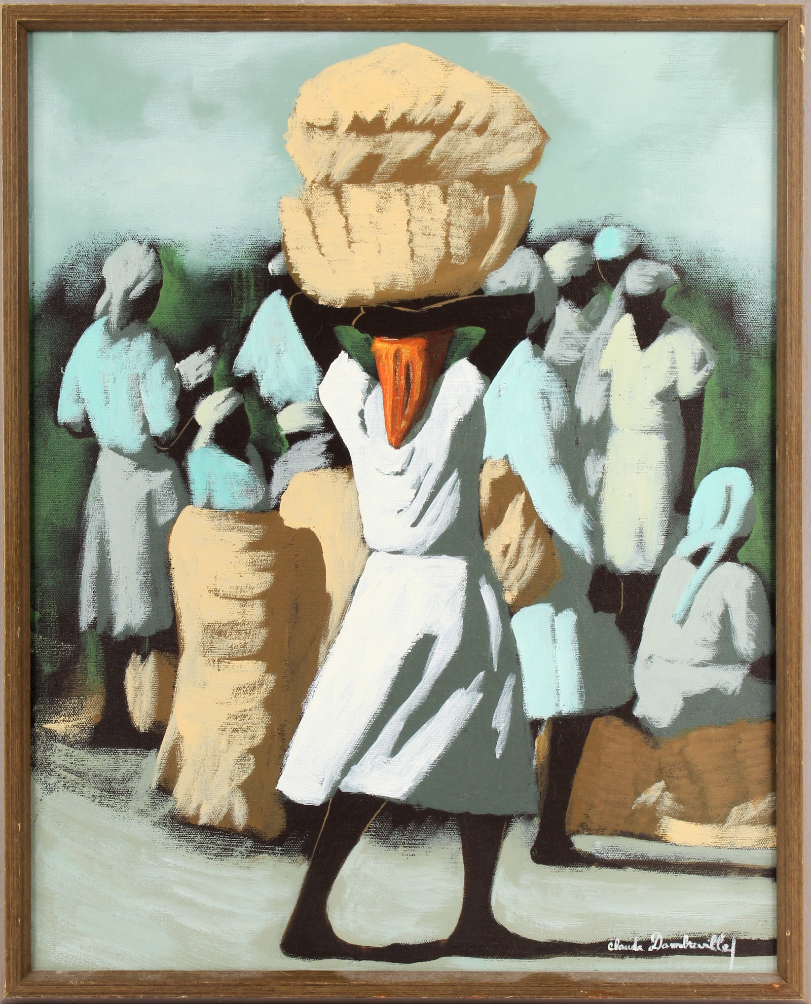 Claude Dambreville (Haitian, B. 1934) Market Scene, Painting: Description: An oil on canvas painting depicting figures in a market. Markings & Inscriptions: Signed bottom right Date: Mid 20th century Maker: Claude Dambreville (Haitian, B. 1934) Dimensions: 19.5"