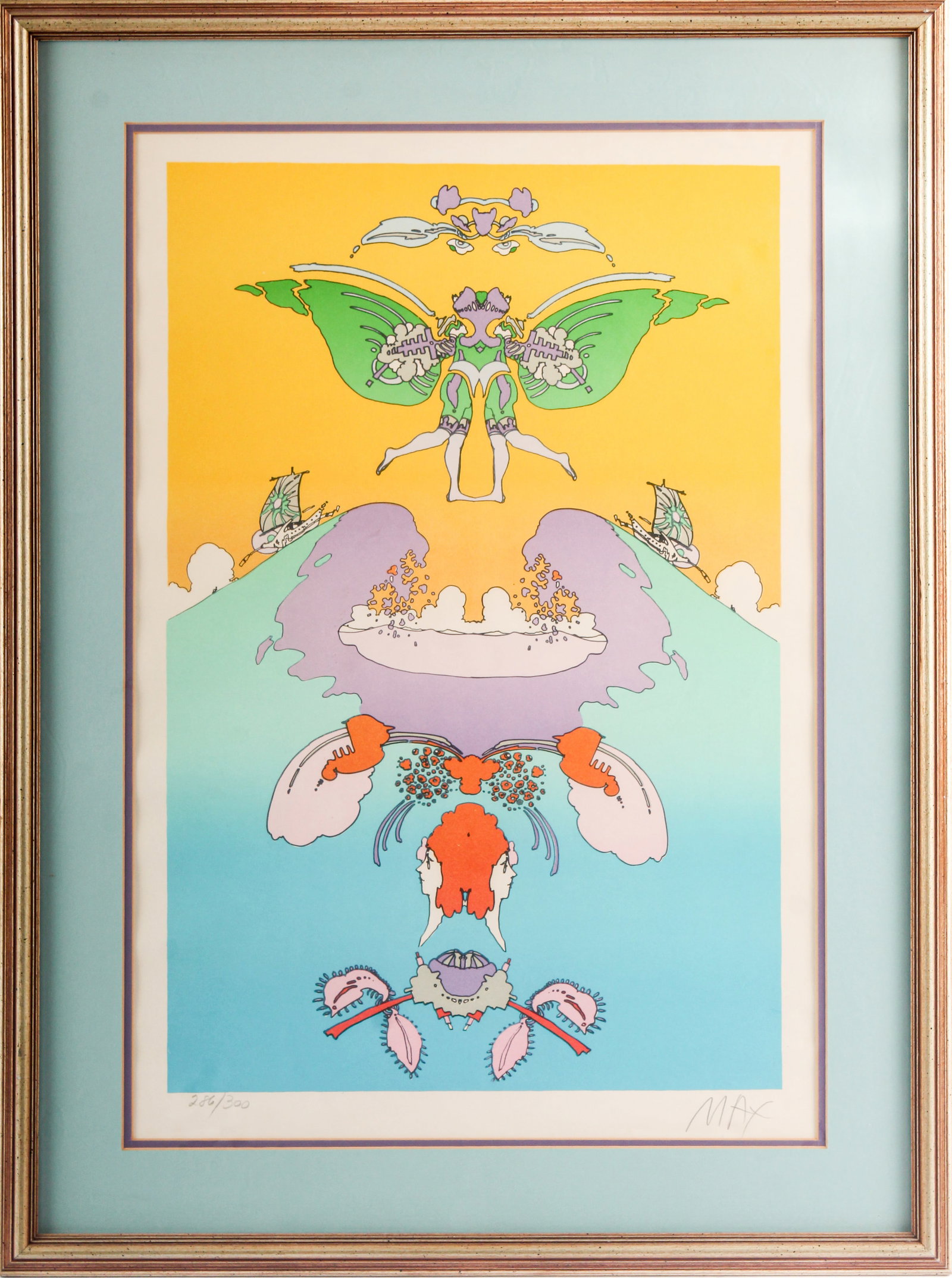 Peter Max (American, B. 1937) Facing Waves, Signed Lithograph: Description: A psychedelic lithograph with a large central wave. Markings & Inscriptions: Signed & numbered 286/300 Date: 1973 Maker: Peter Max (American, B. 1937) Dimensions: 25" x 17" mat opening, 3