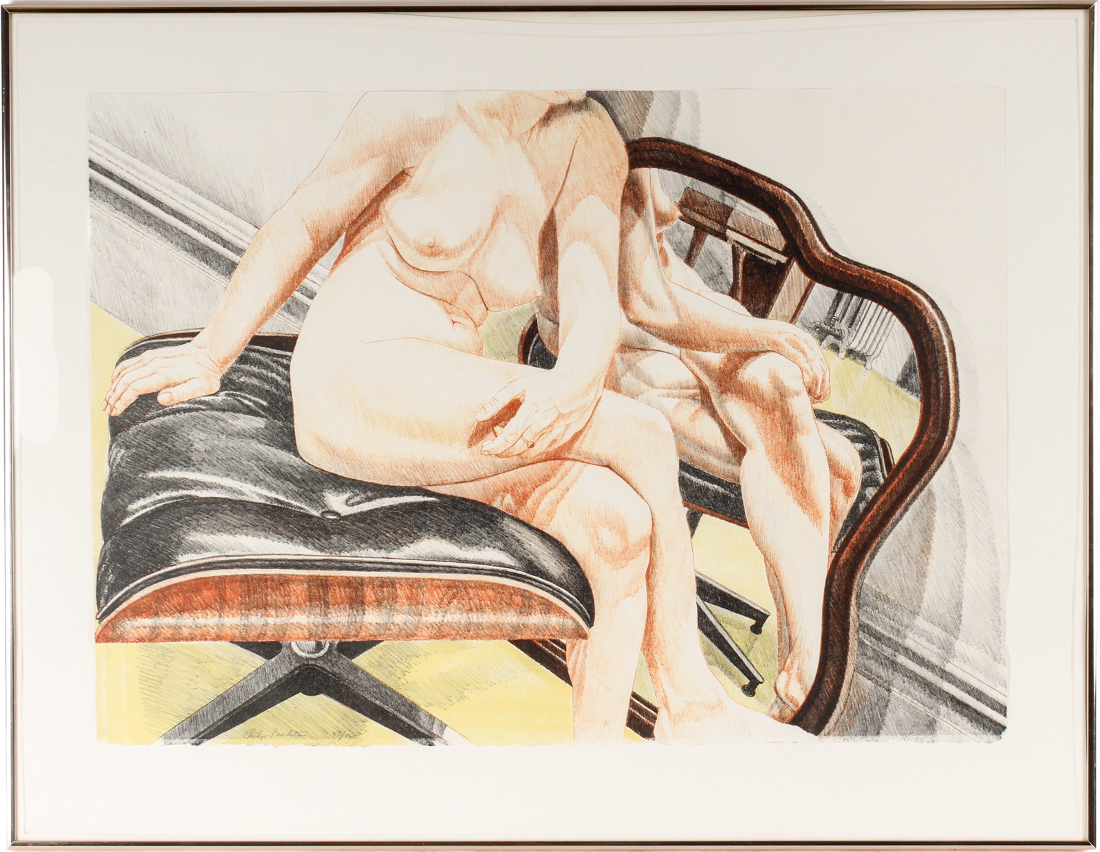 Philip Pearlstein (American, B. 1924) Nude on Eames Stool (with Mirror), Color Lithograph (1 of 7)