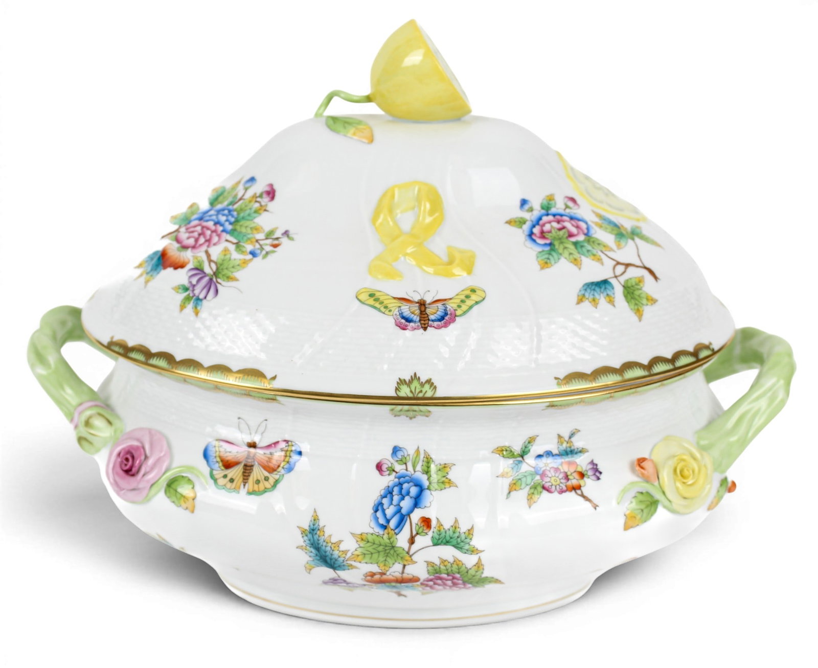 Herend Queen Victoria Pattern Porcelain Soup Tureen: Description: A soup tureen decorated with applied flowers, hand painted butterflies and flowers, a sliced lemon finial, and asparagus stalk handles. Markings & Inscriptions: Marked Date: Late 20th cen