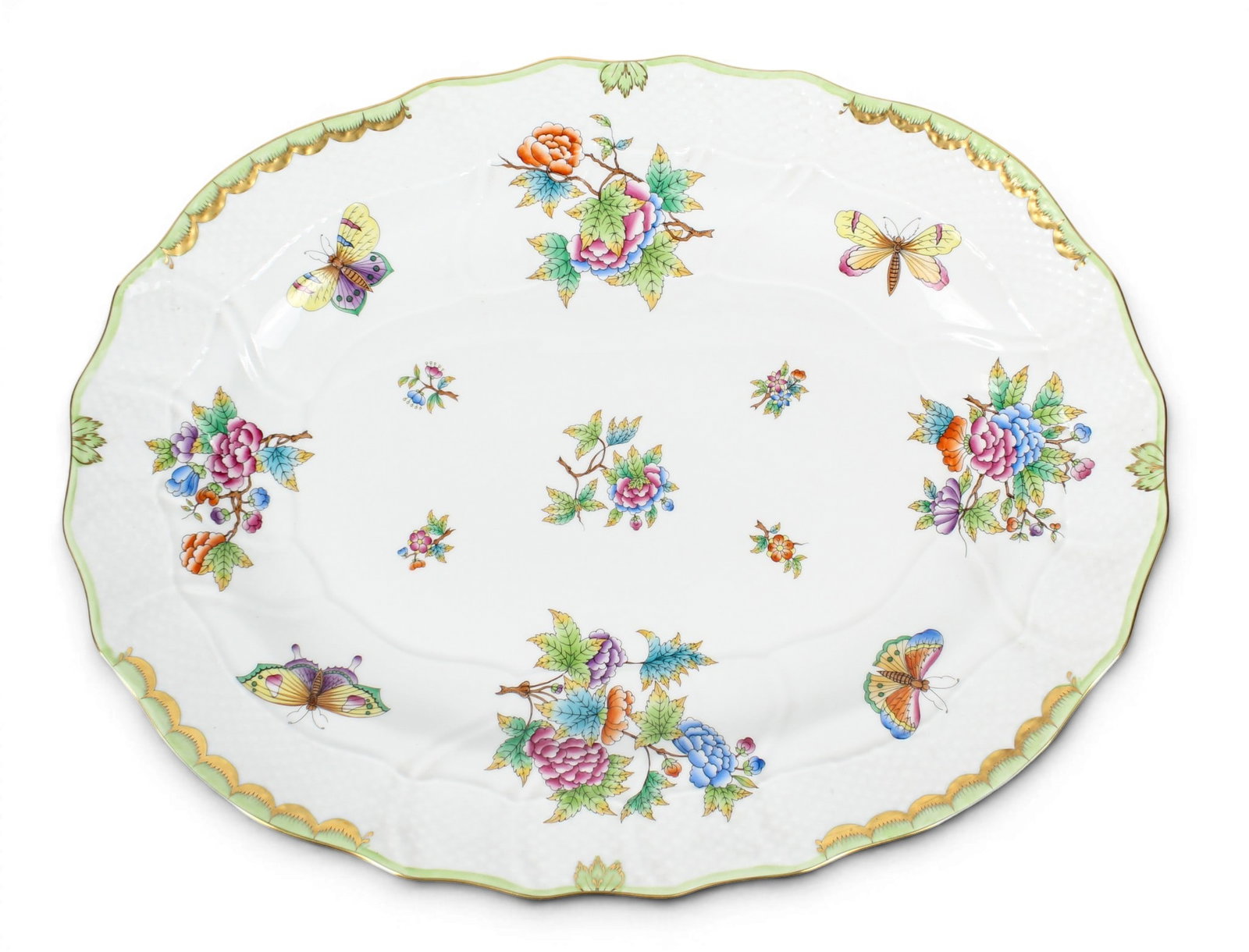 Herend Queen Victoria Pattern Porcelain Serving Platter: Description: A porcelain serving platter decorated with hand painted butterflies and flowers. Markings & Inscriptions: Marked Date: Late 20th century Maker: Herend Dimensions: 12.5" x 16.5" x 2".