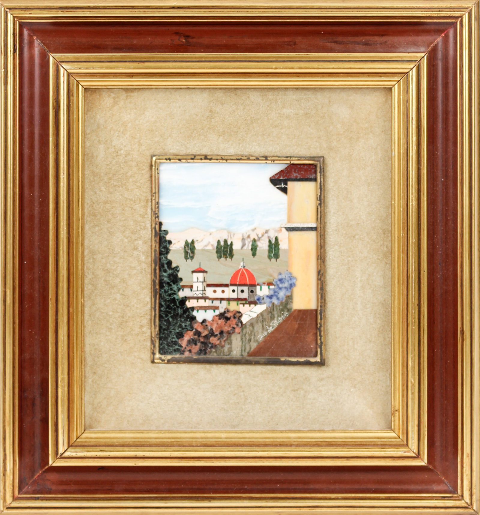 Italian Florentine Pietra Dura Mosaic Plaque, Ilio de Filippis: Description: An Italian pietra dura plaque depicting the Duomo in Florence by Ilio de Filippis, originally purchased at the Pitti Mosaici. Markings & Inscriptions: Signed, marked Date: Late 20th centu