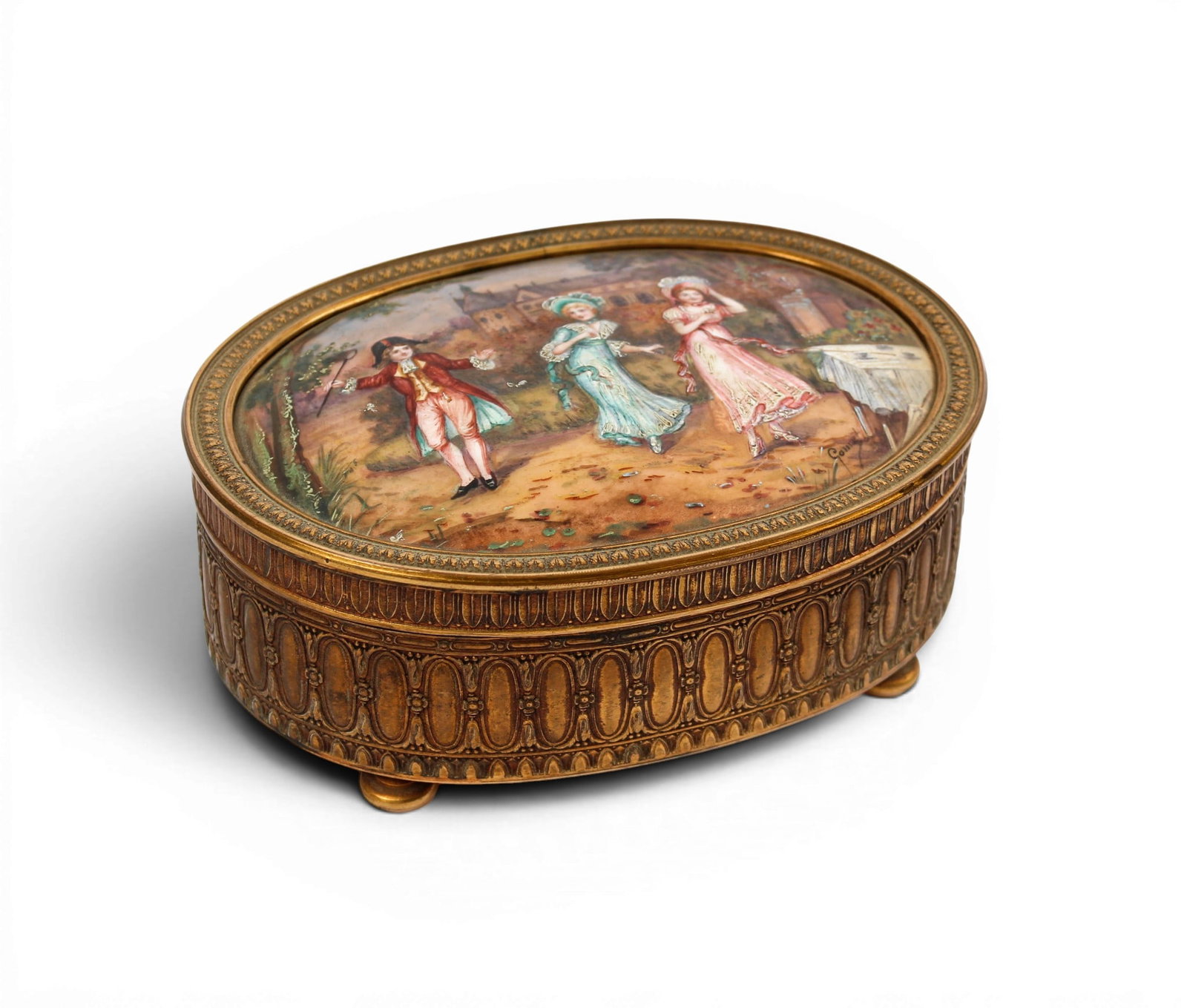 Limoges Enamel Bronze Mounted Lidded Dresser Box For Ovington, New York: Description: A bronze mounted footed box with Limoges enamel lid decorated with a gentleman and two ladies having an outdoor tea party, the interior lined with a floral embroidered textile. Markings &