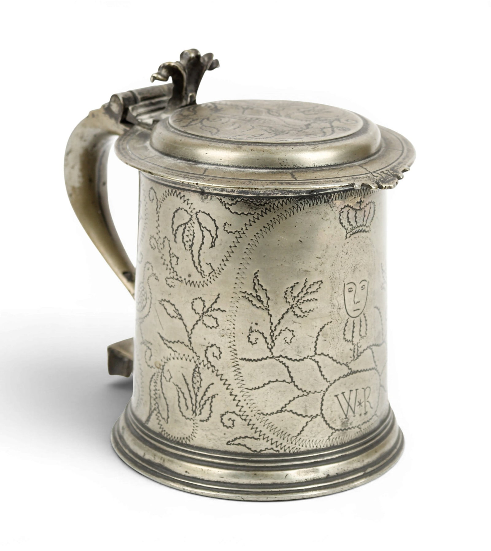 English William III Pewter Wrigglework Tankard, Royal Interest, Depiction of King William III (1 of 17)