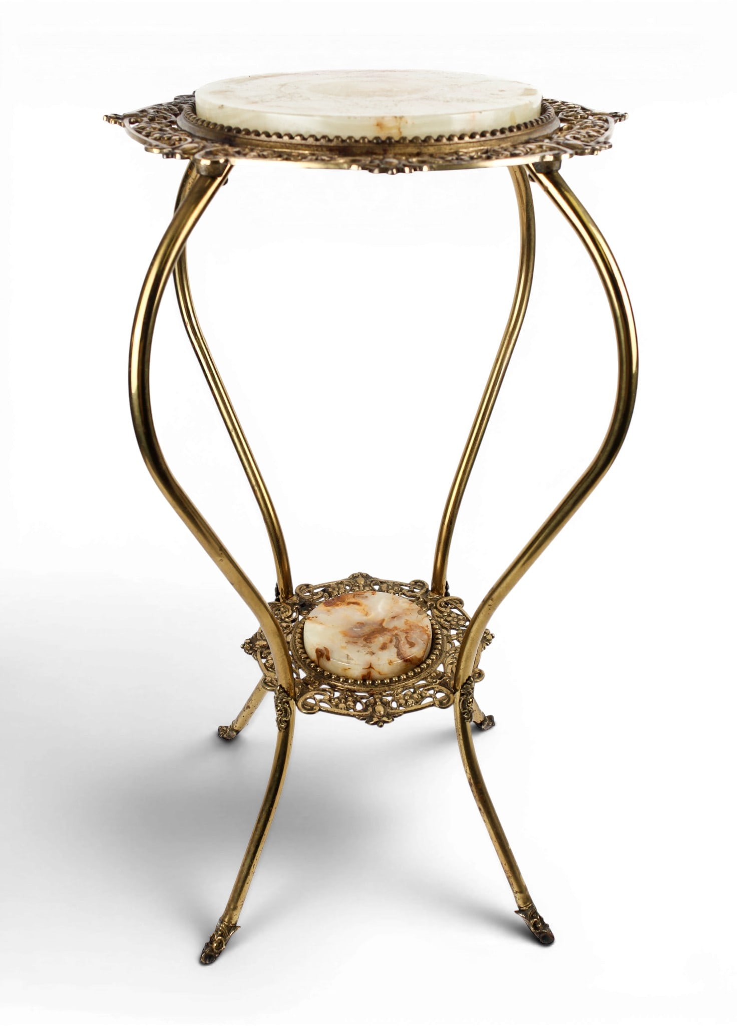 Victorian Brass & Onyx Plant Stand: Description: A pierced brass plant stand or pedestal with onyx top and lower shelf. Markings & Inscriptions: Unmarked Date: Late 19th-early 20th century Maker: Continental Dimensions: 30.5" x 18" x 18