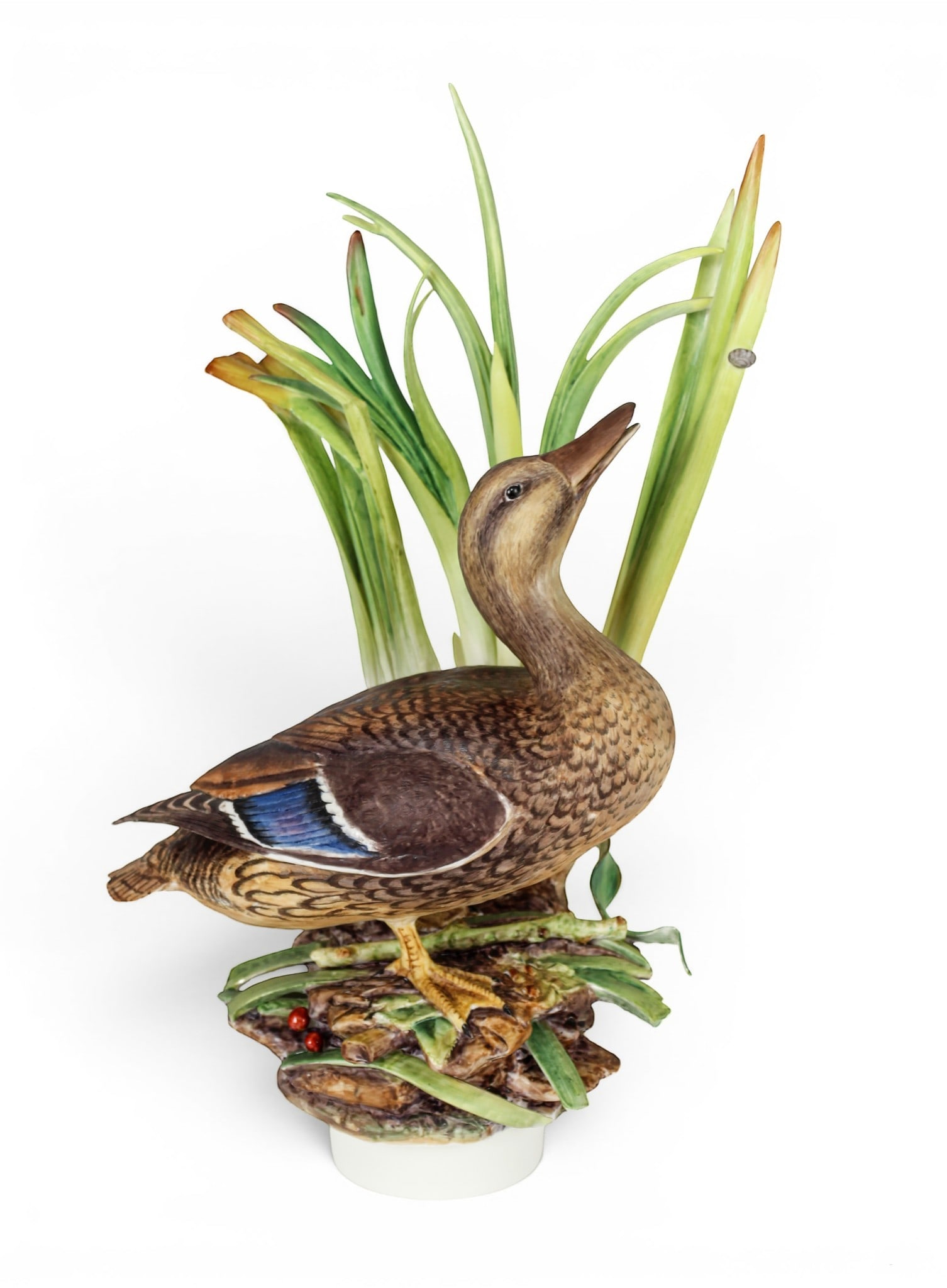 Royal Worcester Ronald Van Ruyckevelt Hand-Painted Porcelain Bird, Female "Mallard": Description: Royal Worcester polychrome hand-painted porcelain "Mallard" modeled by Ronald Van Ruyckevelt. Depicted with green reeds behind and a naturalistic base. Markings & Inscriptions: Marked to 