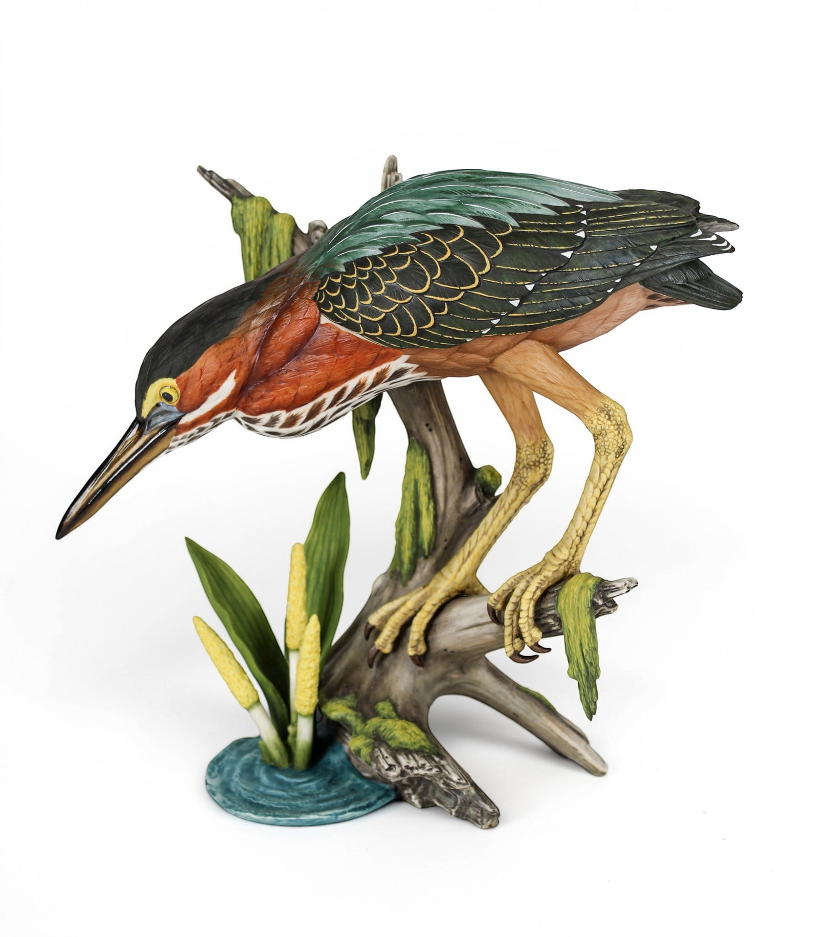 Goebel Gunther R. Granget Hand-Painted Porcelain Bird Grouping "On the Prowl": Description: Goebel limited edition polychrome hand-painted porcelain grouping titled "On the Prowl" depicting a Green Heron in a naturalistic setting. Edition 17 of 250. Signed and dated by the desig