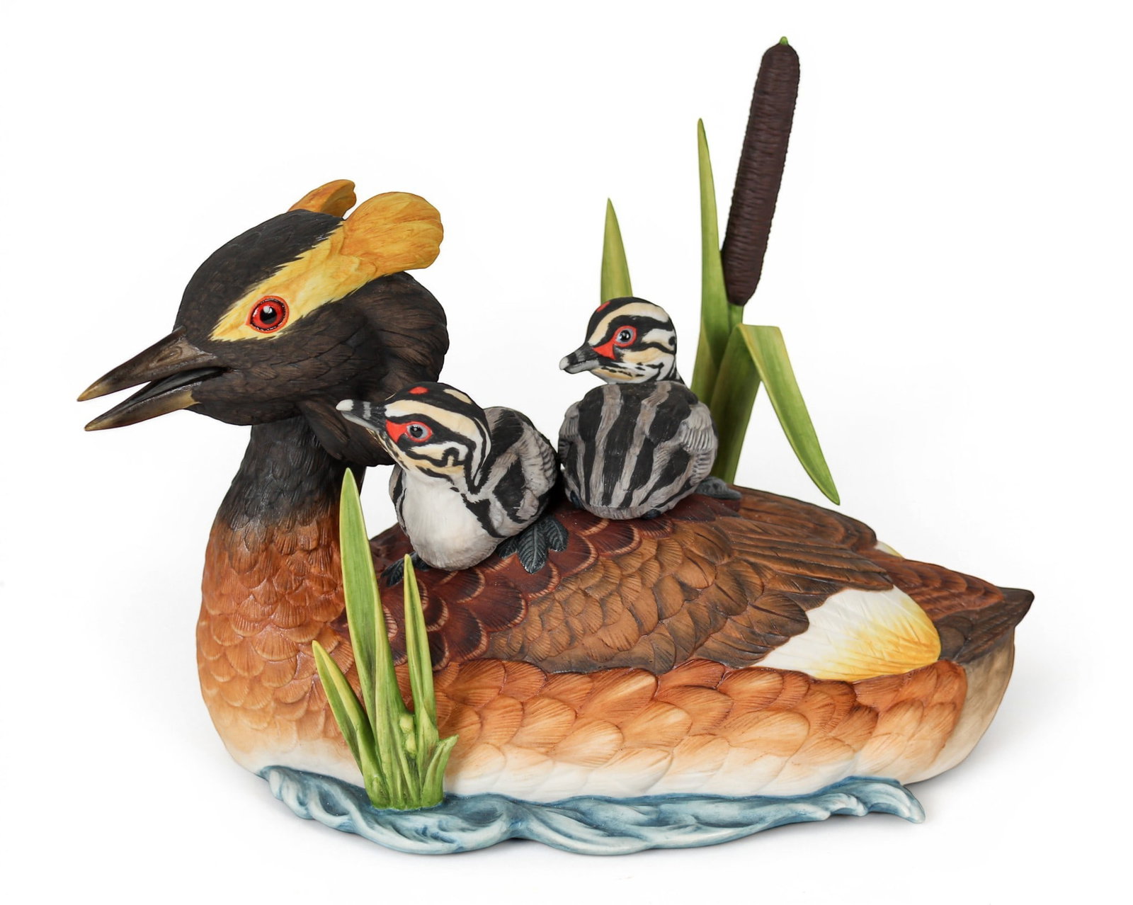 Goebel Gunther R. Granget Hand-Painted Porcelain Bird Grouping "Spring Outing": Description: Goebel limited edition polychrome hand-painted porcelain grouping titled "Spring Outing" depicting a Horned Grebe with her two chicks on her back in a naturalistic water setting. Edition 