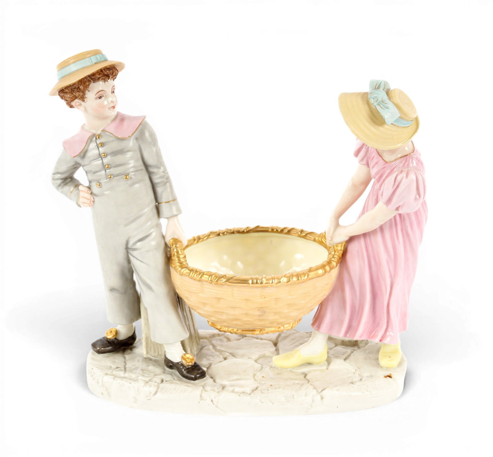 Royal Worcester Porcelain Figural Group, Boy & Girl Holding a Basket, James Hadley (1 of 19)