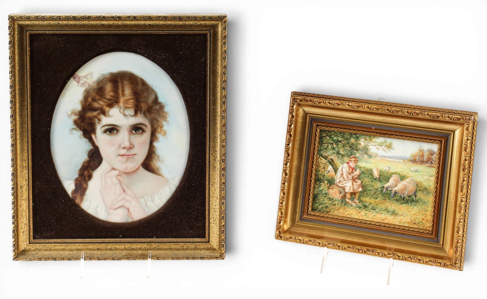Hand-Painted Porcelain Plaques Incl. Royal Worcester, Portrait after Virgilio Tojetti: Description: Two hand painted porcelain plaques, one featuring a portrait of a young girl after a painting by Virgilio Tojetti, the other by Royal Worcester and featuring a pastoral scene, signed "F. 