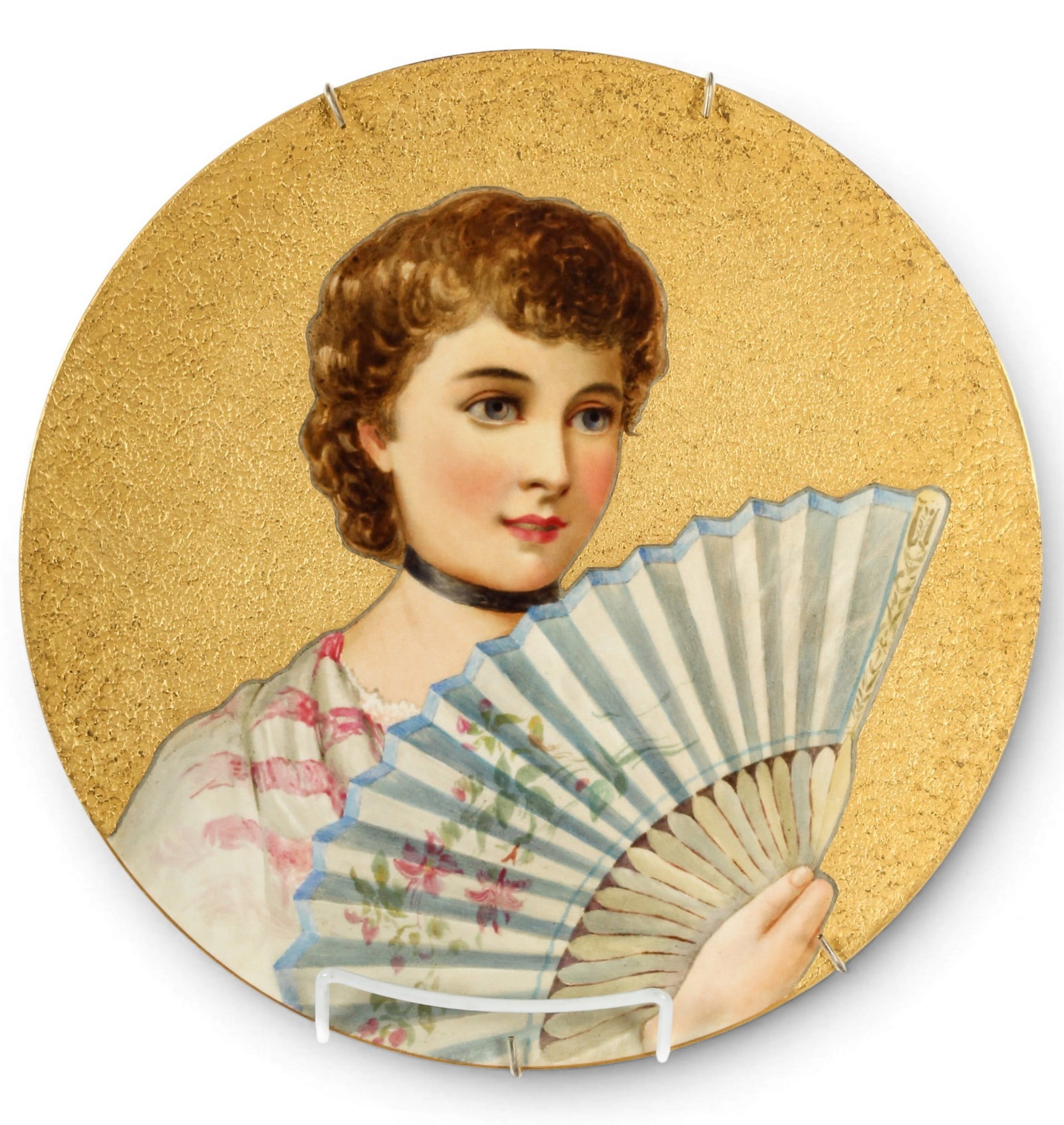 Royal Worcester Hand Painted Porcelain Wall Charger, Arthur Handley: Description: A hand painted porcelain plate featuring a depiction of a young woman with a fan on a textured gold ground. Markings & Inscriptions: Marked Date: Late 19th century Maker: Royal Worcester 