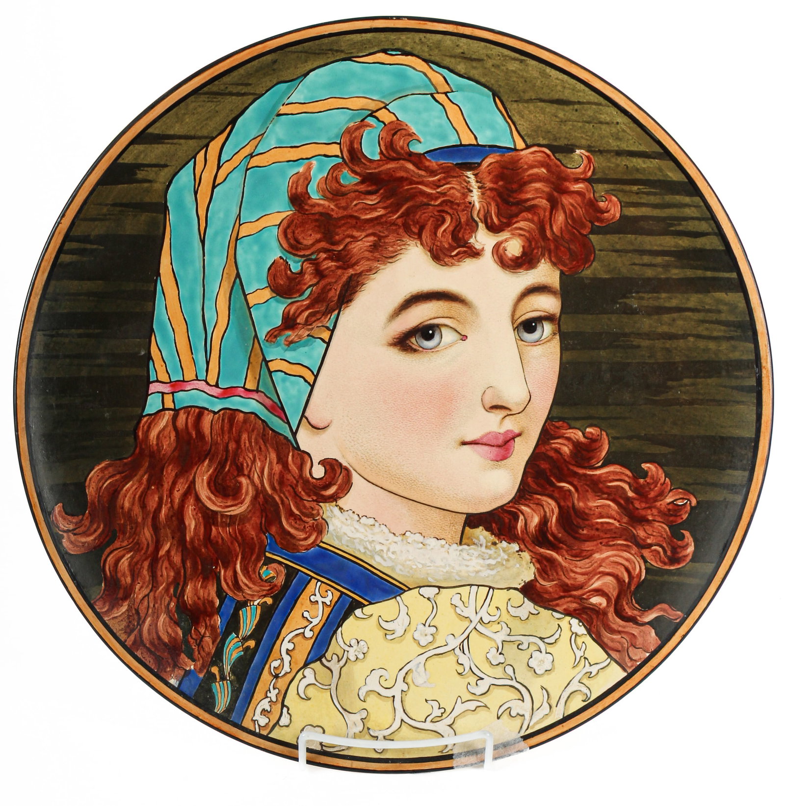 Large Worcester Royal Porcelain Works Arthur Handley Wall Charger, "Arline": Description: A hand painted porcelain plate featuring a depiction of a young woman wearing colorful Renaissance-style attire. Markings & Inscriptions: Marked Date: Late 19th century Maker: Worcester R