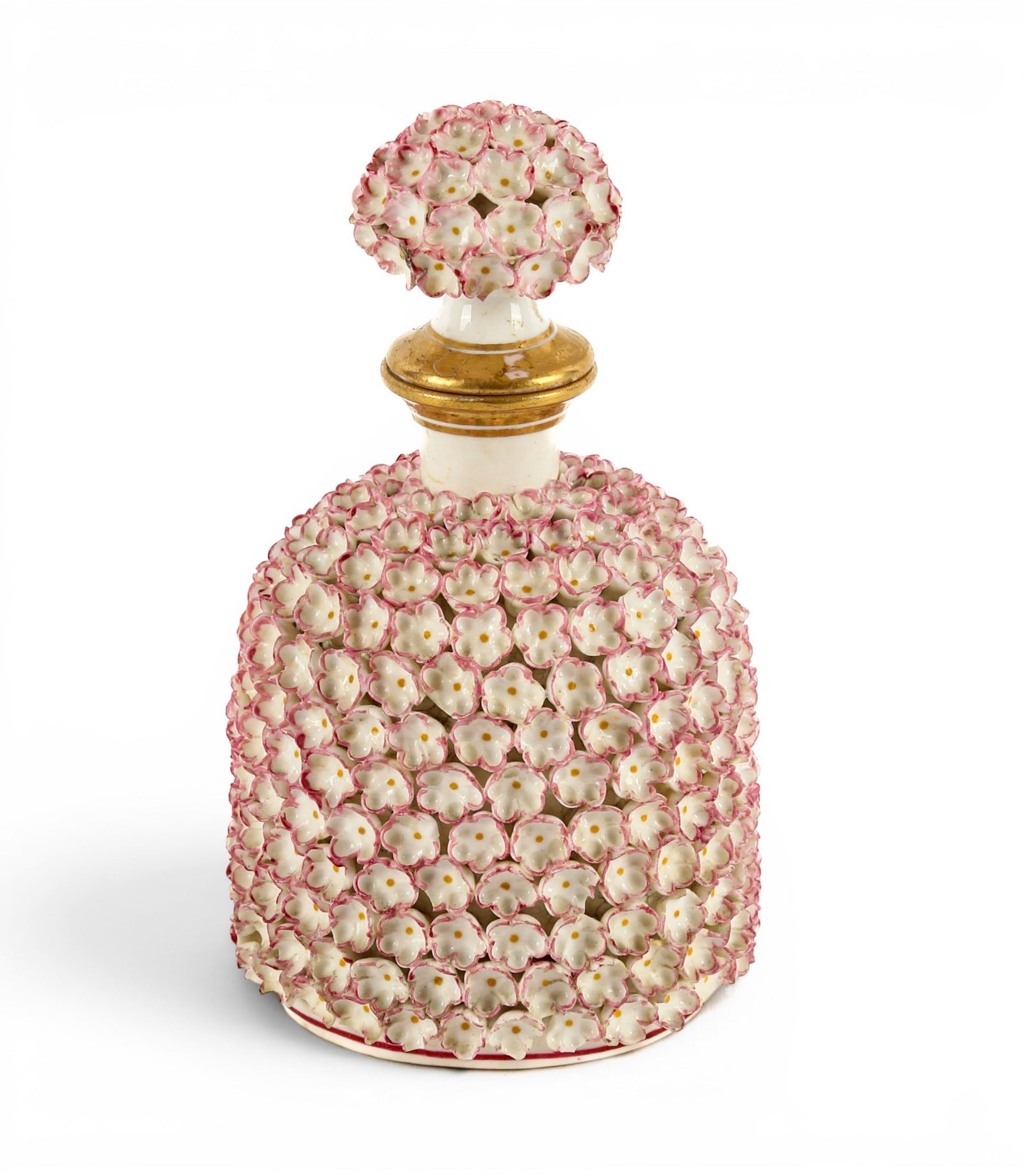 Worcester Porcelain Applied Flowers Scent Bottle: Description: A porcelain scent bottle with pink applied flowers and gilt rim to bottle and stopper. Additional Royal Worcester items from the estate of Stuart Brown will be featured in our upcoming au
