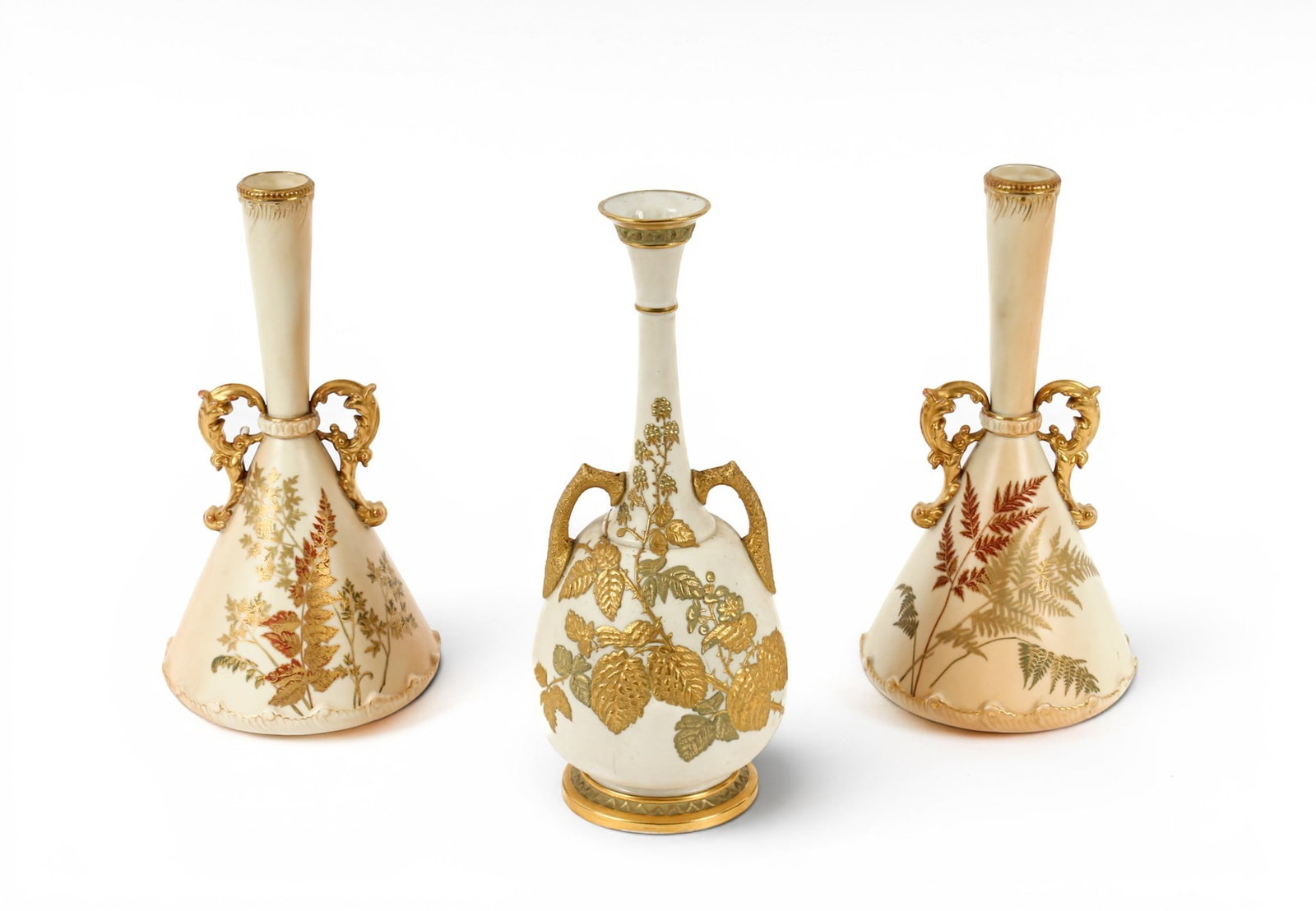 Near Pair of Royal Worcester Blush Ivory Hand-Painted Narrow Neck Porcelain Vases: Description: Near pair of Royal Worcester blush ivory hand-painted narrow neck porcelain vases. With gilt handles and hand-painted fern and other fauna decoration. Shape 1432. Together with a Royal Wo