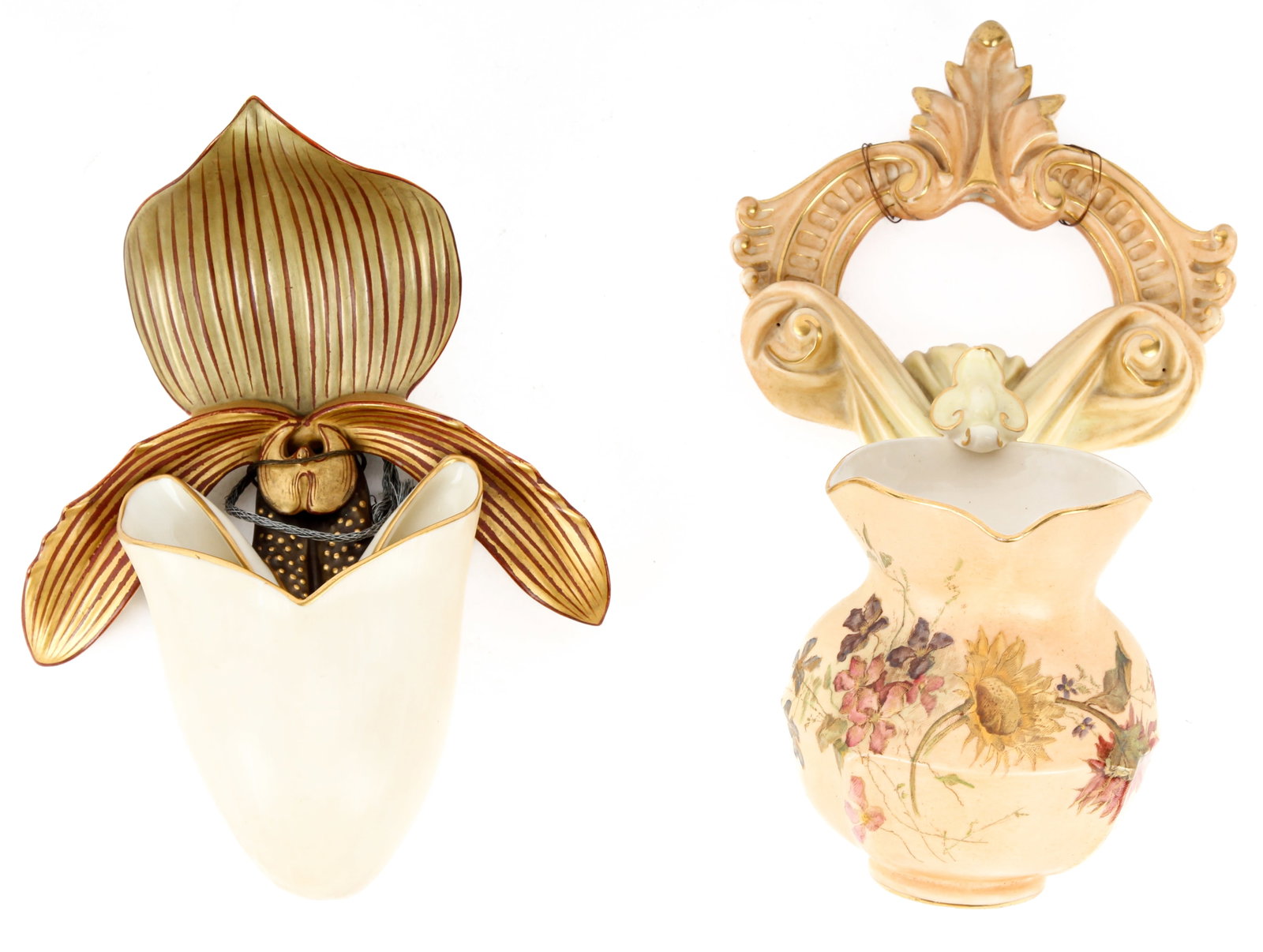 Two Royal Worcester Orchid Form Porcelain Wall Pockets (1 of 9)