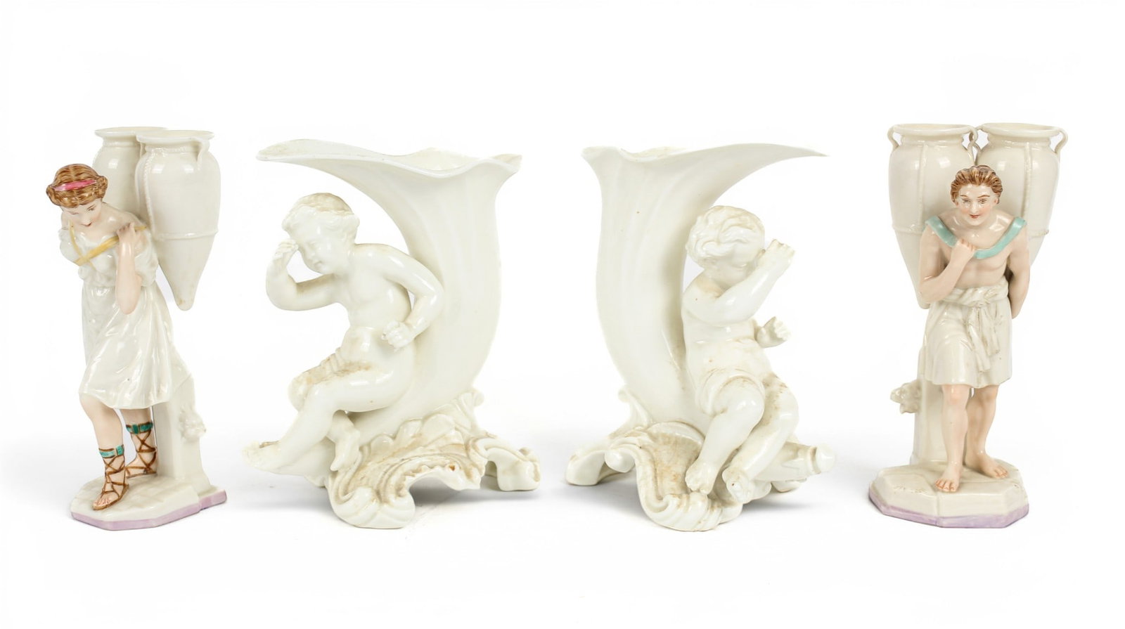 Pair of Royal Worcester Porcelain Male and Female Grecian-Style Water Carriers: Description: A pair of Royal Worcester porcelain Grecian-style male and female water carriers, each depicted with two water urns on their backs. Both figures in white garments and the female in gladia