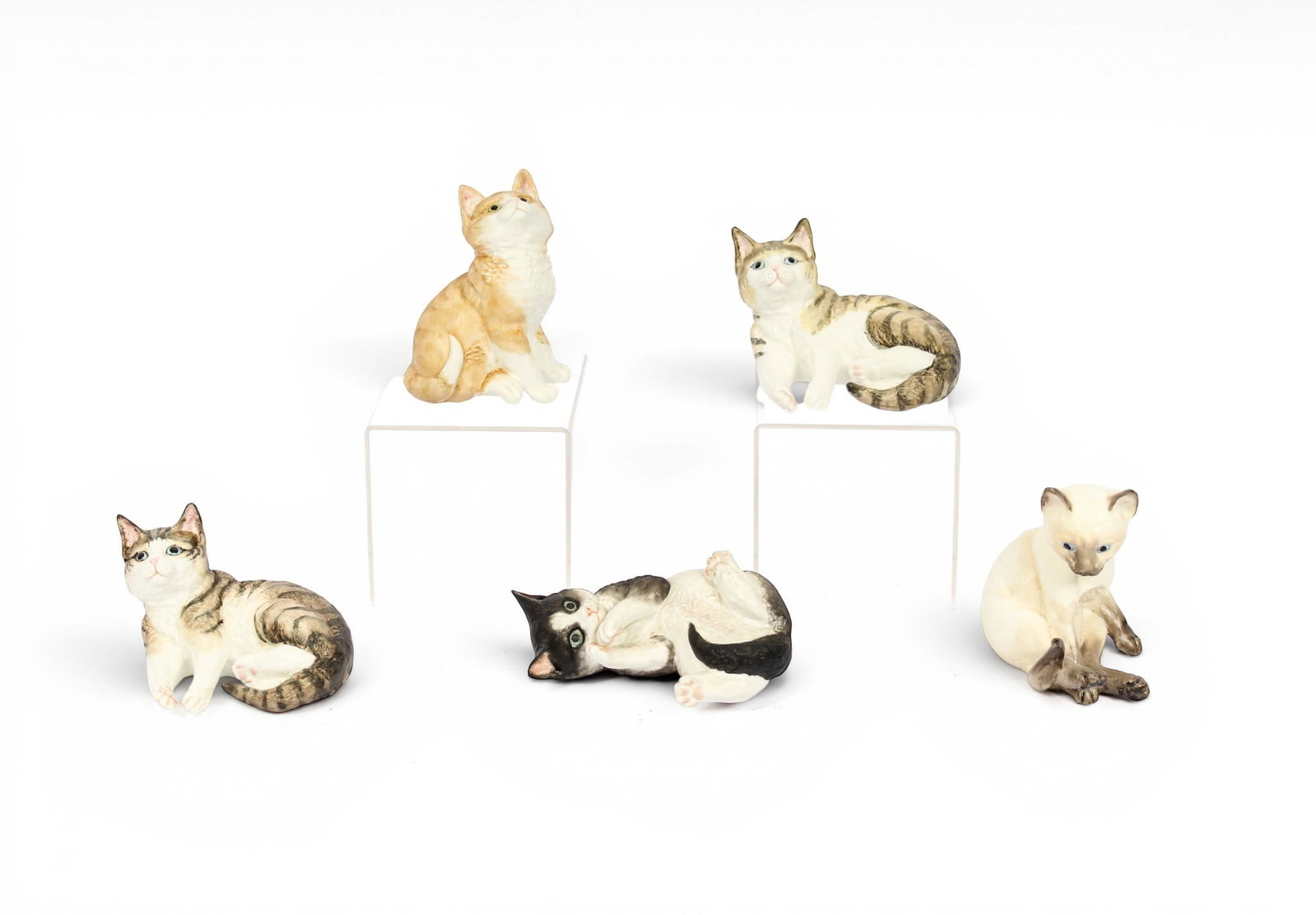 Group of Five Royal Worcester Bone China Kitten Figurines: Description: Group of five Royal Worcester bone china kittens including Ginger, two Tabby, Siamese, and Black and White. Markings & Inscriptions: Marked to the undersides Date: 20th century Maker: Roy