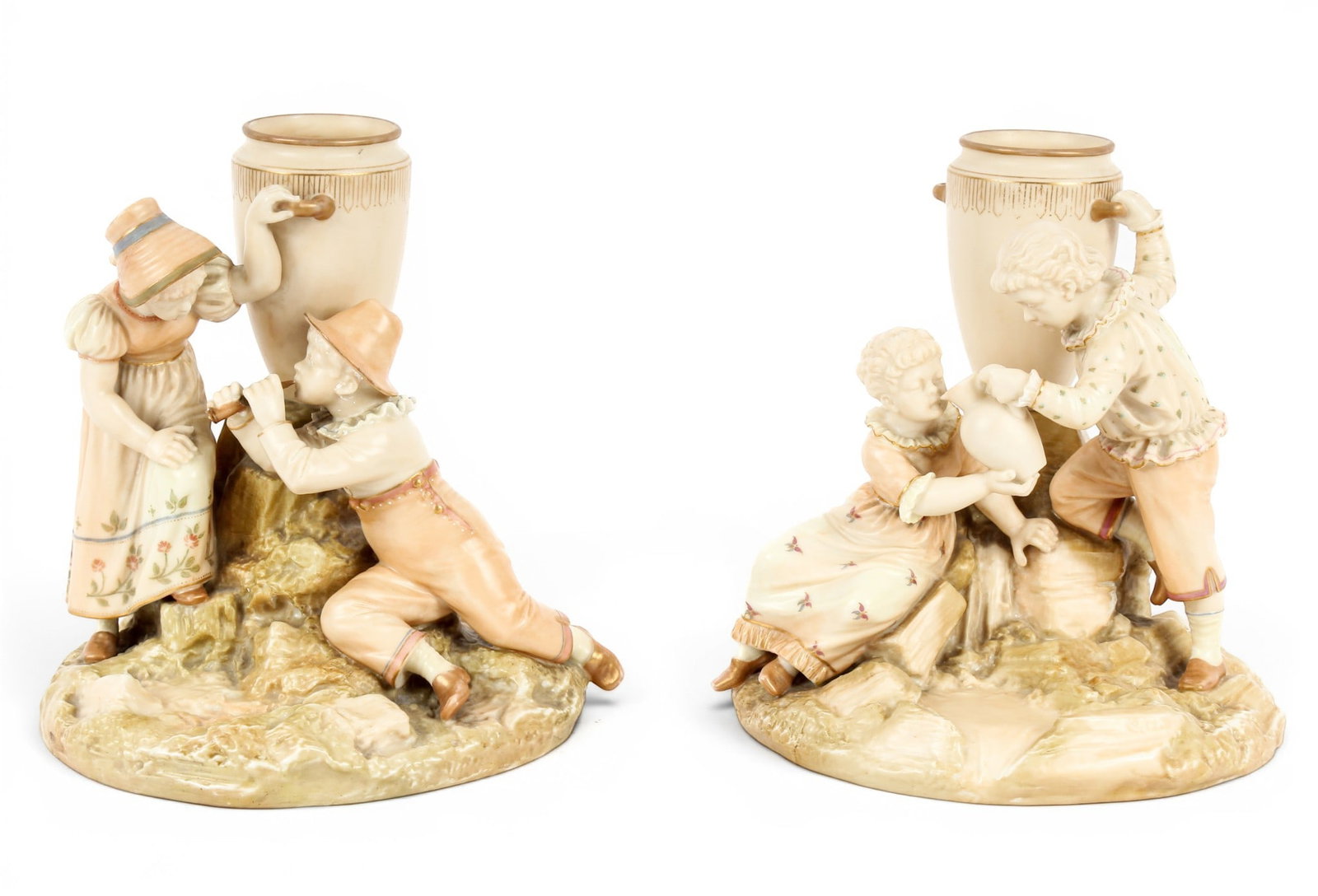 Pair of Royal Worcester Blush Porcelain Boy and Girl Figural Groupings, James Hadley (1 of 19)