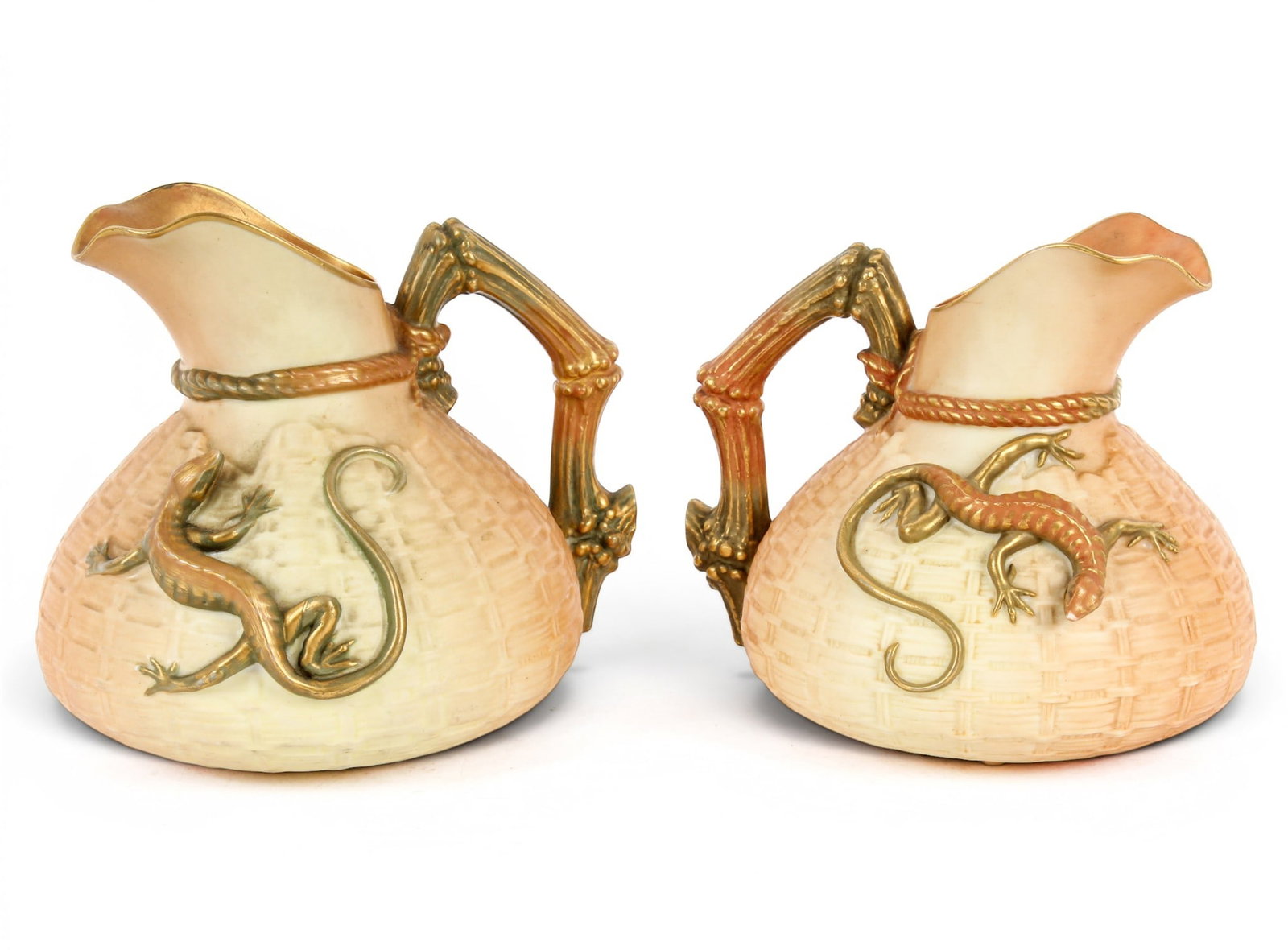 Pair of Royal Worcester Blush Porcelain Lizard Decorated Jugs or Pitchers (1 of 15)