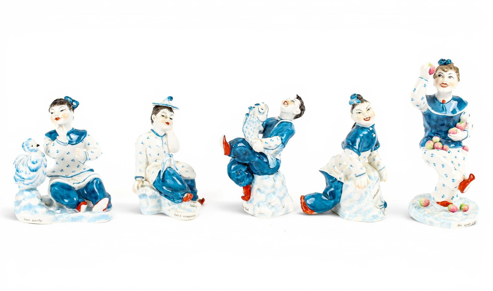 Group of Five Royal Worcester Porcelain Figures from the 'Chinoiserie Saying' Series, Agnes: Description: Group of five Royal Worcester blue and white glazed porcelain figurines from the 'Chinoiserie Sayings' series. Including 'Hen Party', 'Lucky Spider' 'Two's Company', 'The Apple of Your Ey