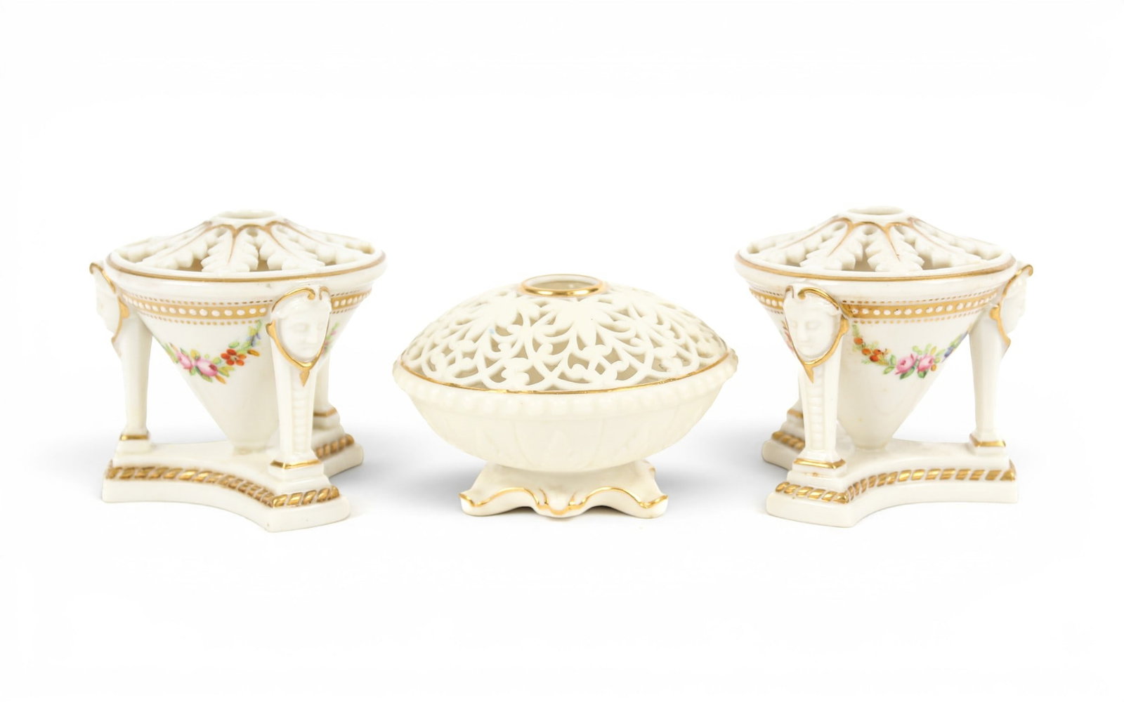 Group of Three Grainger & Co. Porcelain Potpourri Vases with Integrated Covers: Description: A group of three Grainger & Co. porcelain potpourri vases with integrated covers. Including a pair with three masked legs, a tripod base, and decorated with gilt accents and floral swags 