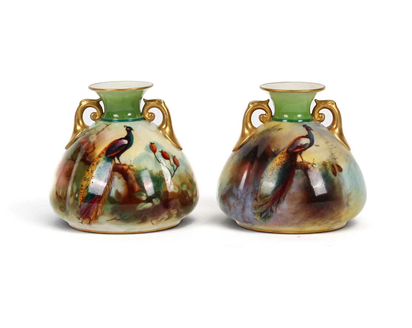 Two Royal Worcester Porcelain Squat Peacock Twin Handled Vases: Description: Two Royal Worcester porcelain squat baluster twin handled vases. Both hand painted with a peacock and foliage in a naturalistic setting. Shape 155. Markings & Inscriptions: Marked to the 