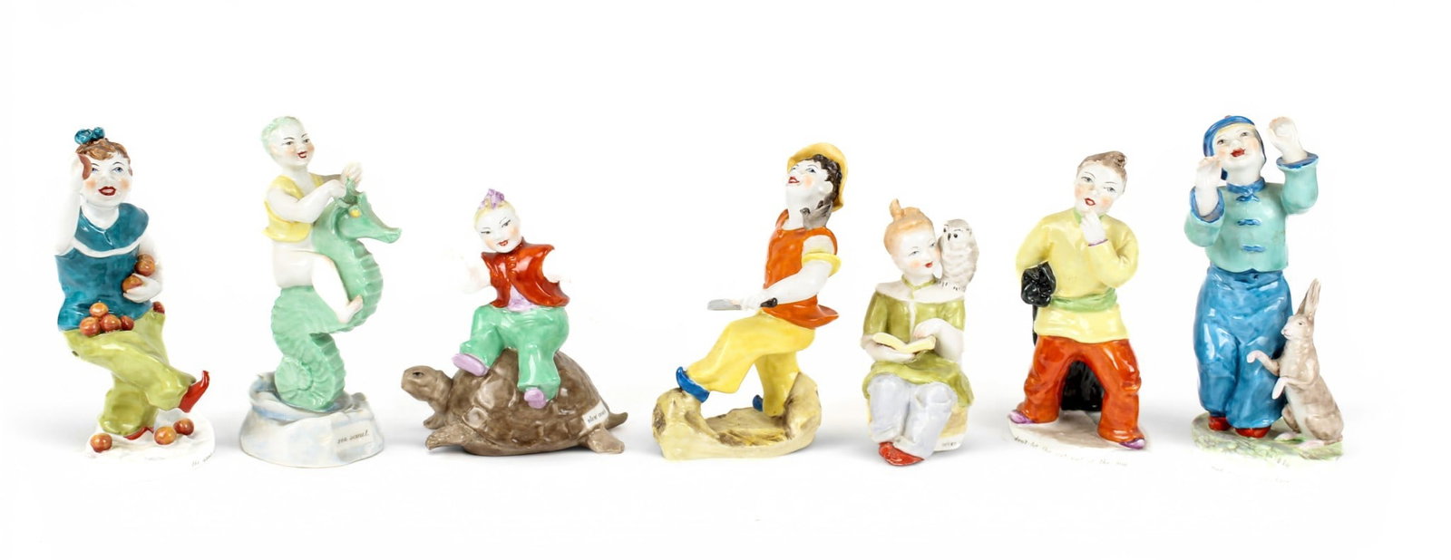 Group of Seven Royal Worcester Porcelain Figures from the 'Chinoiserie Saying' Series, Agnes: Description: Group of seven Royal Worcester porcelain figurines from the 'Chinoiserie Sayings' series. Including 'Wise as an Owl', 'Slow Coach', 'The Apple of Your Eye', 'Sea Scout', 'Don't Let the Ca