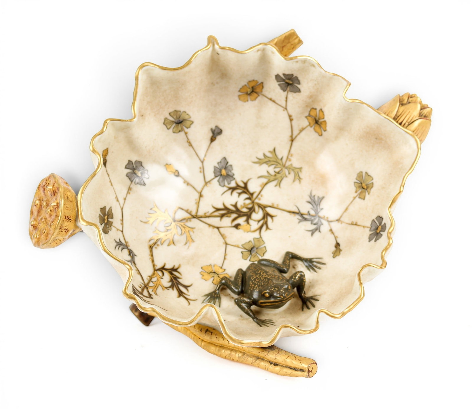 Royal Worcester Aesthetic Period Porcelain Gilt Decorated Centerpiece Bowl: Description: Royal Worcester porcelain gilt accented bowl modeled as a flower or leaf with a floral decoration and a frog to the inside. The base with gilt painted, naturalistic vines, stems, seed pod
