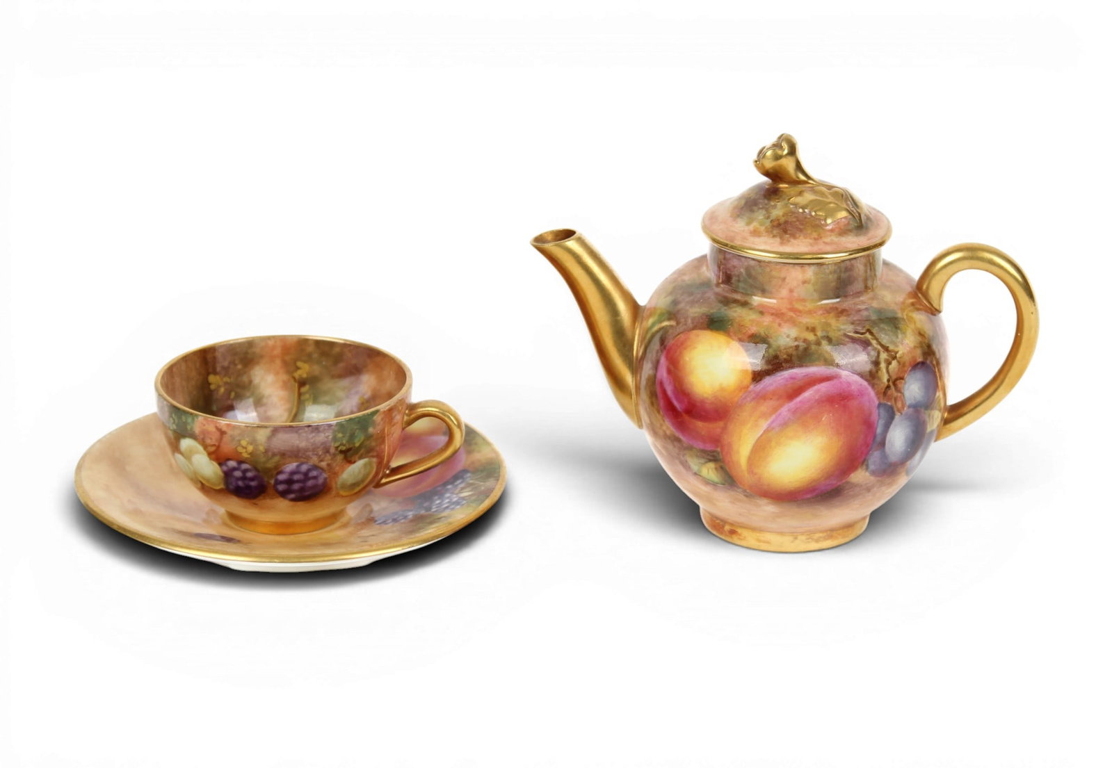 Royal Worcester Fruit Decorated Miniature Teapot, Cup and Saucer (1 of 13)