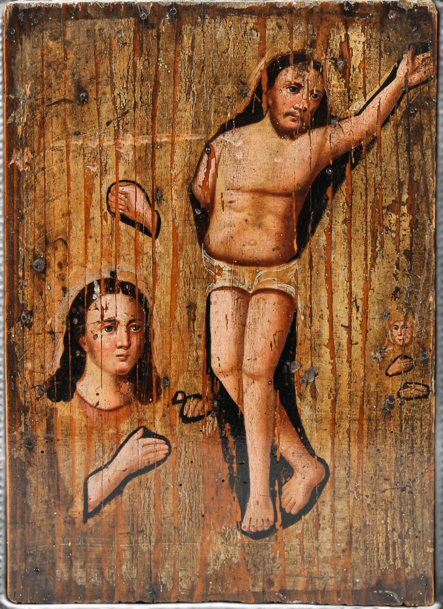 19th Century Russian Icon Depicting the Resurrection: Description: A tempera on wooden panel icon, previously mounted in an oklad. Markings & Inscriptions: Unmarked Date: 19th century Maker: Russian Dimensions: 12" x 8.5". Provenance: From a Yardley, Pen