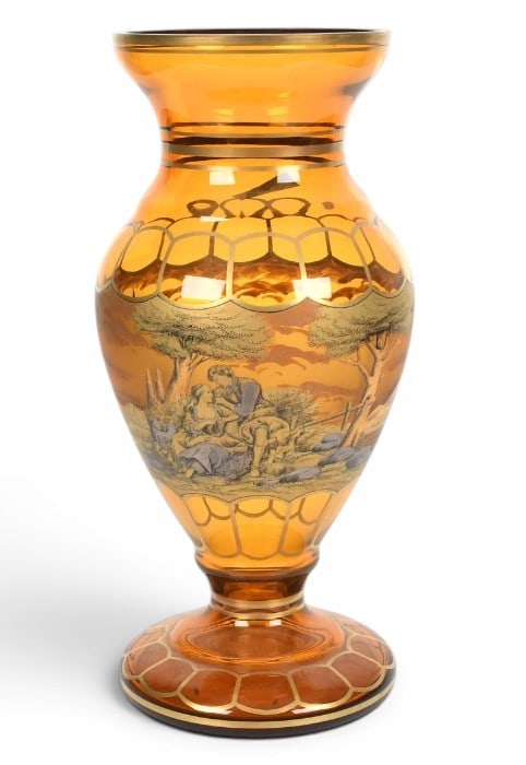 Large Bohemian Hand Painted Amber Glass Courting Scene Vase: Description: A large Bohemian amber glass vase with hand painted courting scene and gilt highlights. Markings & Inscriptions: Signed Date: Ca. 1900 Maker: Bohemian Dimensions: 17" x 8.5". Provenance: 
