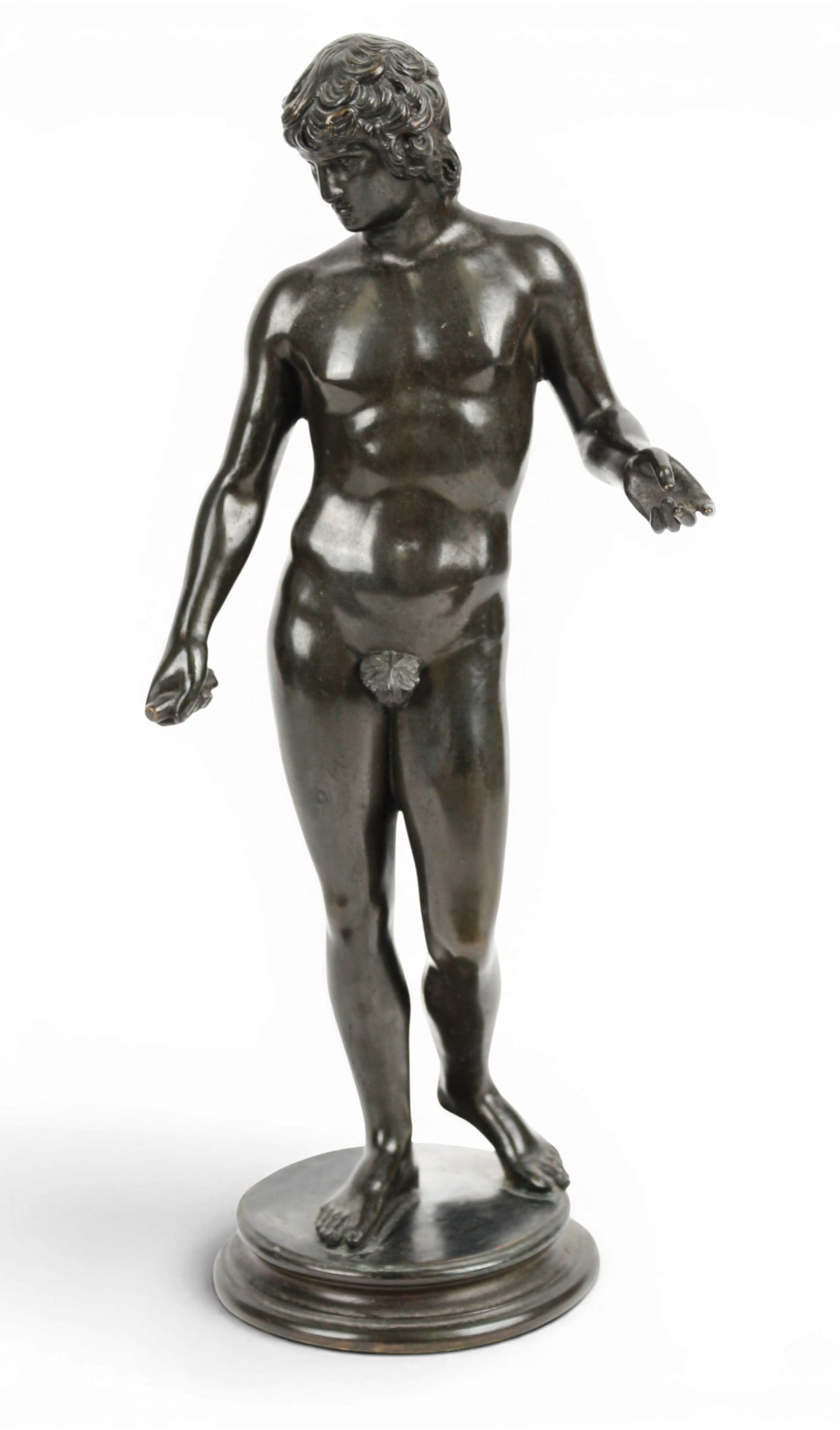 Grand Tour Bronze Sculpture of Antinous Ca.1900: Description: A bronze sculpture of the deified Roman man Antinous. Markings & Inscriptions: Signed "Wagner" Date: Ca. 1900 Maker: Continental Dimensions: 15" H. Provenance: From a Yardley, Pennsylvani