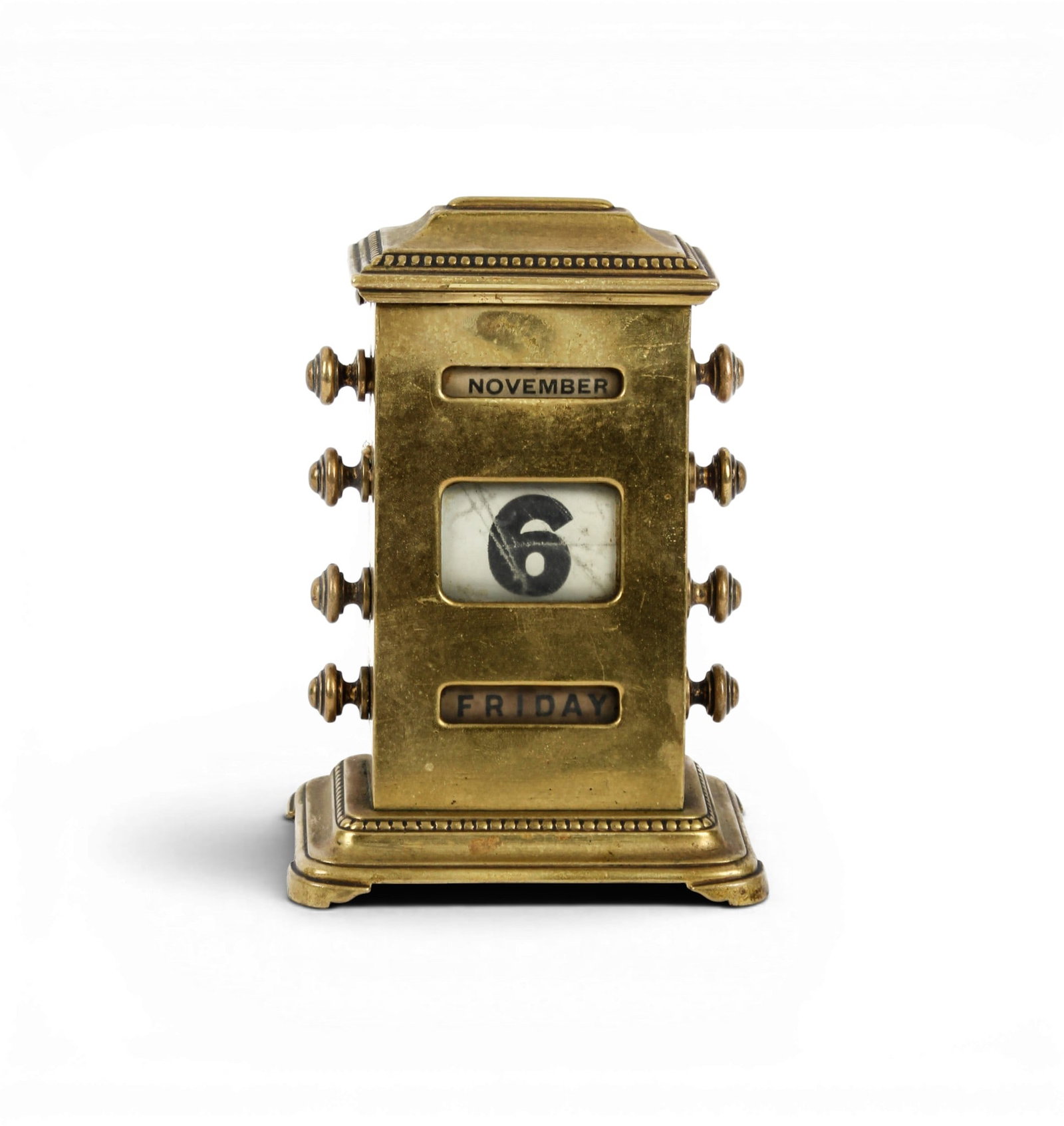 19th Century English Brass Perpetual Calendar, William Tonks & Sons: Description: An English brass desktop perpetual calendar. Markings & Inscriptions: Marked Date: Mid to late 19th century Maker: William Tonks & Sons Dimensions: 6.5" x 4.5" x 3". Provenance: From a Ro