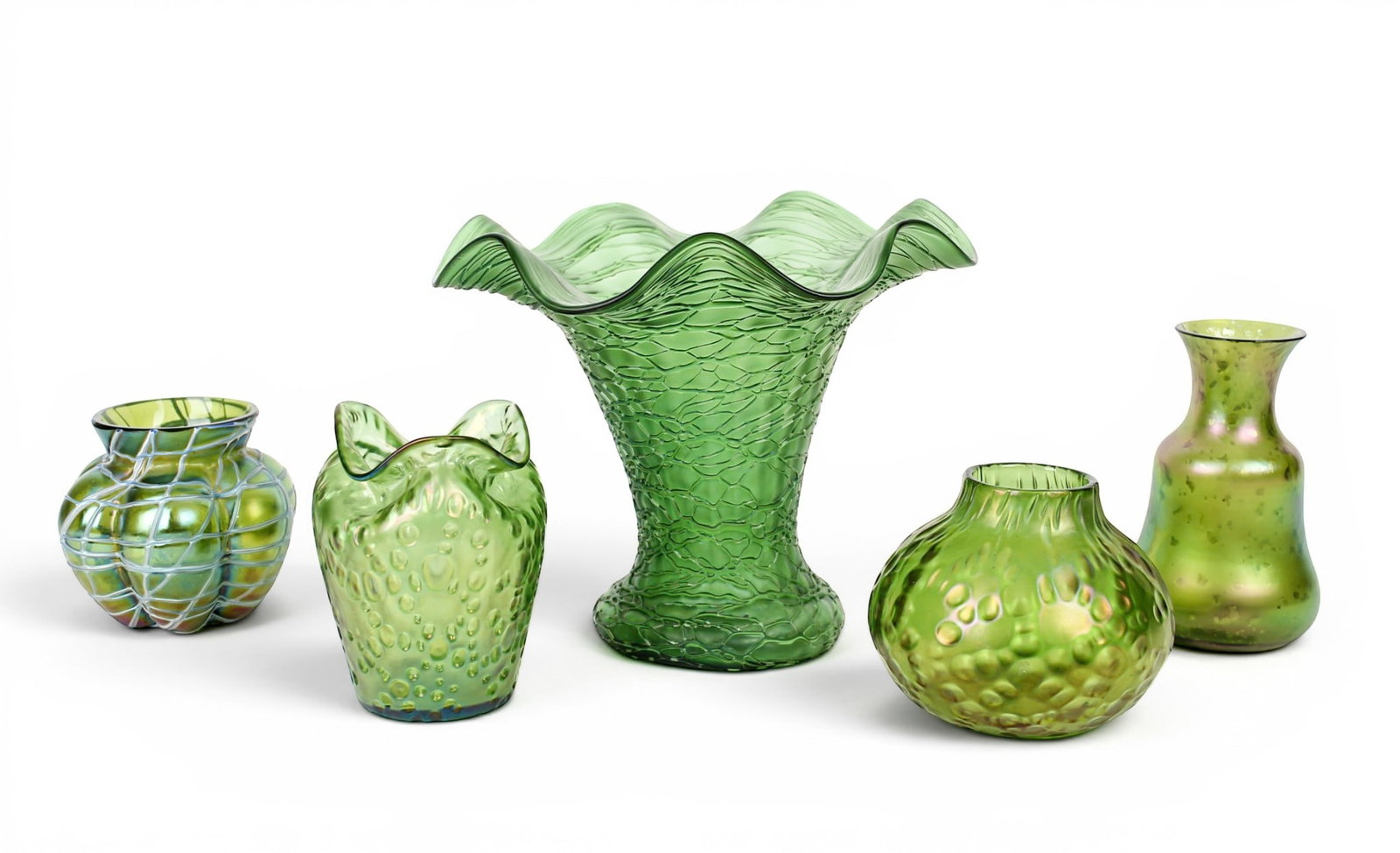 Loetz Style Iridescent Art Glass Vases, Austrian & Czech: Description: A collection of green iridescent glass vases, one by Pallme-Konig. Markings & Inscriptions: Unmarked Date: Early-late 20th century Maker: Pallme-Konig, Austrian, Czech Dimensions: Largest