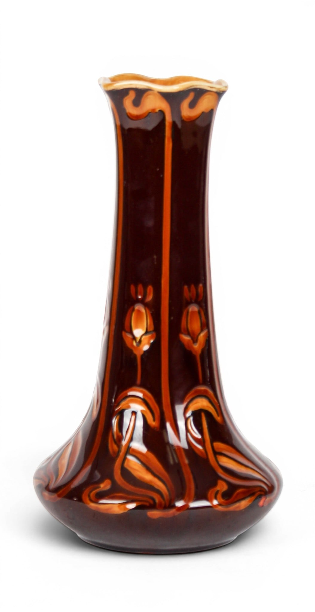 Villeroy & Boch Art Nouveau Pottery Vase: Description: An Art Nouveau pottery vase by Villeroy & Boch in a brown glaze, decorated with stylized flowers. Markings & Inscriptions: Numbered on the underside Date: Ca. 1900 Maker: Villeroy & Boch 