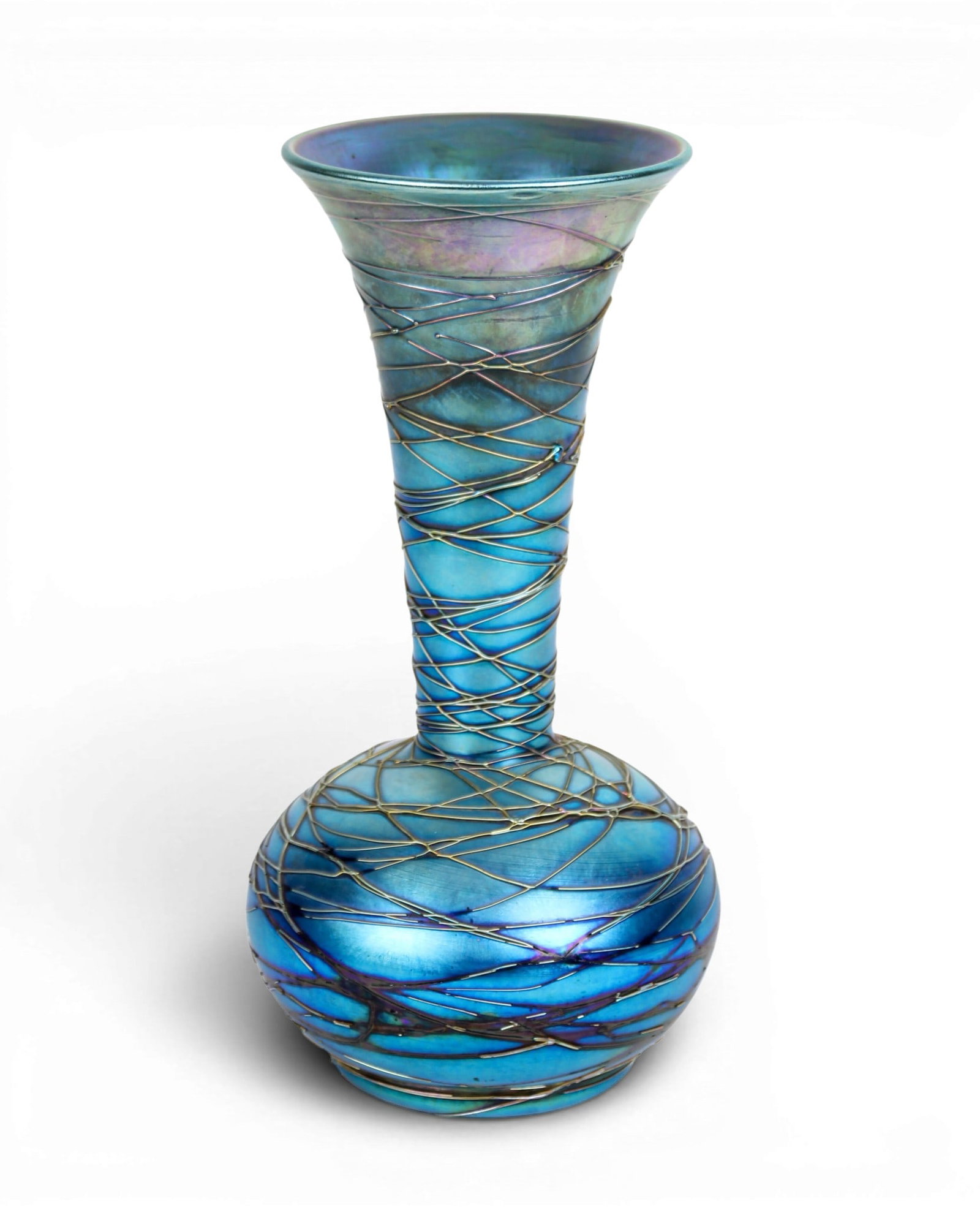 Durand Threaded Blue Iridescent Art Glass Vase: Description: A threaded blue iridescent art glass vase, shape 1716-10 Markings & Inscriptions:Marked Date: Early 20th century Maker: Durand Dimensions: 9.5" H Provenance: From a Southeastern Pennsylva