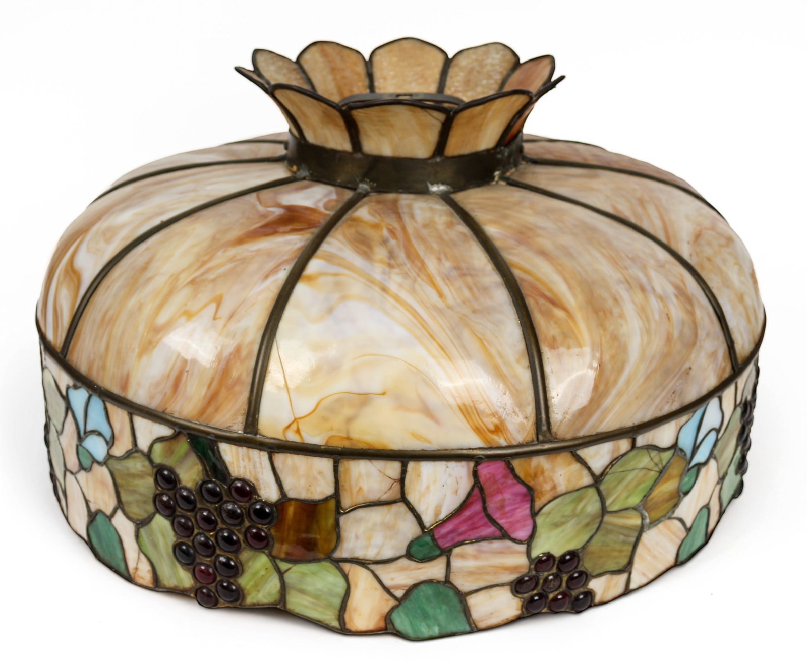 Attributed to Chicago Mosaic Leaded Stained Glass Hanging Light Shade, Grape Motif: Description: A large leaded slag glass lamp shade decorated with scattered grape clusters. Markings & Inscriptions: Unmarked Date: Early 20th century Maker: American Dimensions: 14" x 22.5". Provenanc