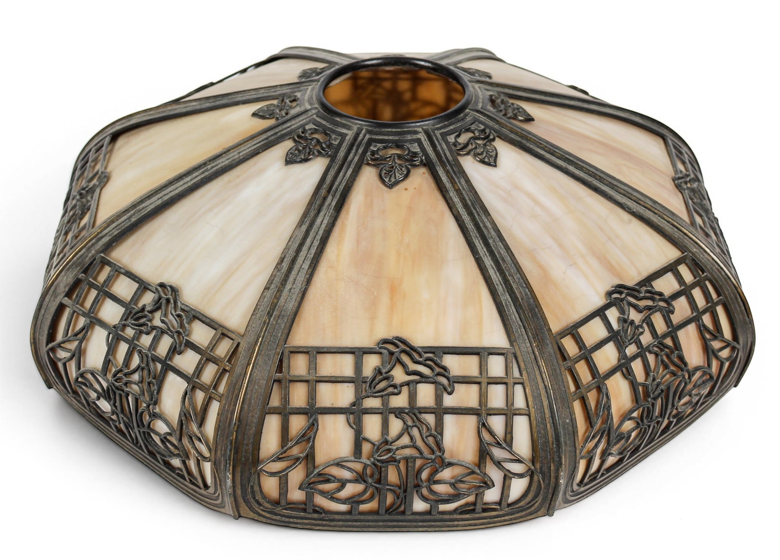 Chicago Empire Co. Slag Glass Lamp Shade: Description: A lamp shade with tulip decoration and curved caramel slag glass panels by Chicago Empire Co. Markings & Inscriptions: Unmarked Date: Early 20th century Maker: Chicago Empire Co. Dimensio
