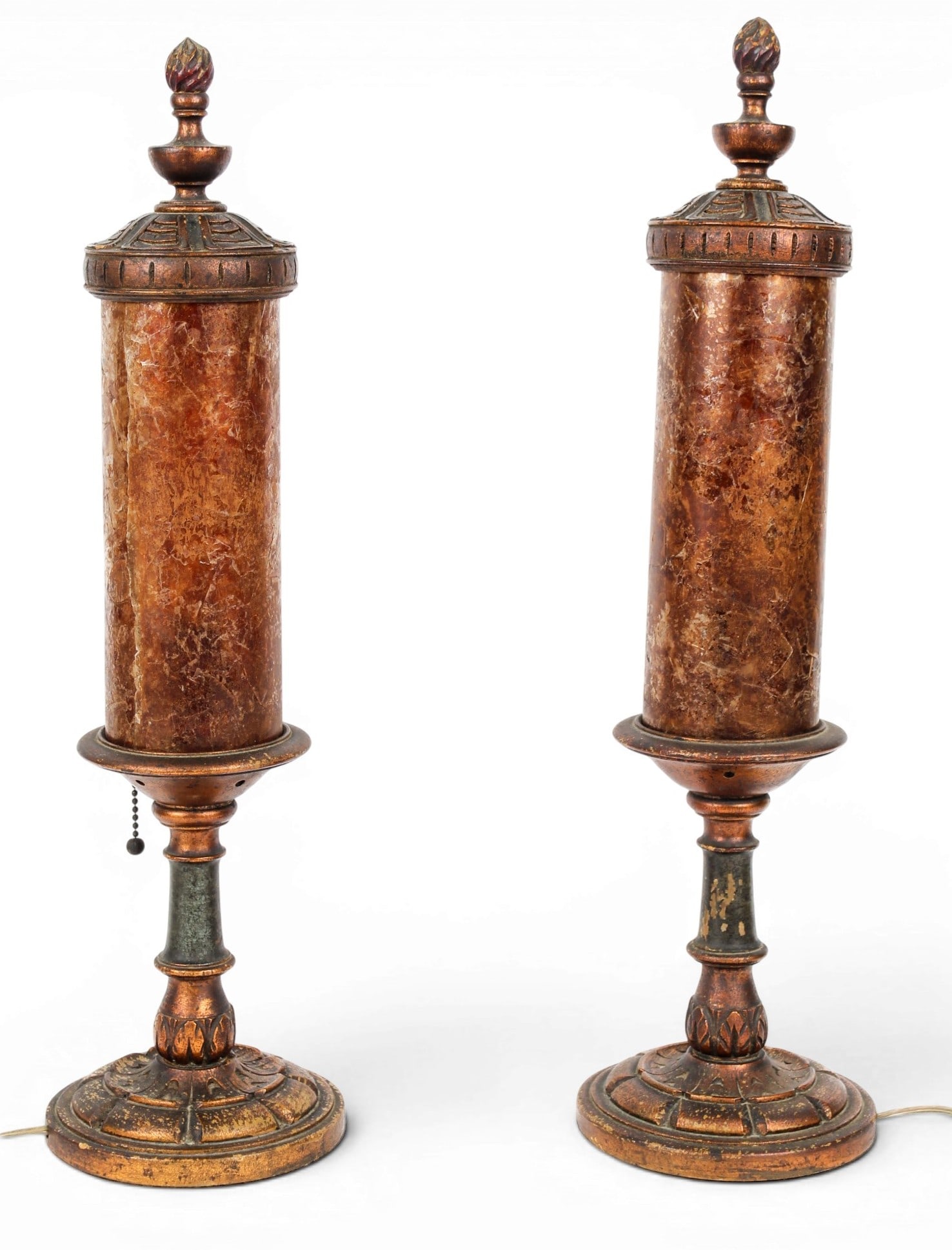 Art Deco Mica Shade Cylinder Table Lamps: Description: Two wooden Art Deco table lamps in copper tones with the original cylindrical mica shades. Markings & Inscriptions: Unmarked Date: Early 20th century Maker: American Dimensions: 21.5" x 5