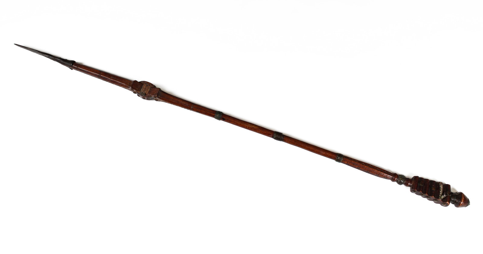 Carved Wood Bronze Mounted Ethnographic Spear (1 of 8)