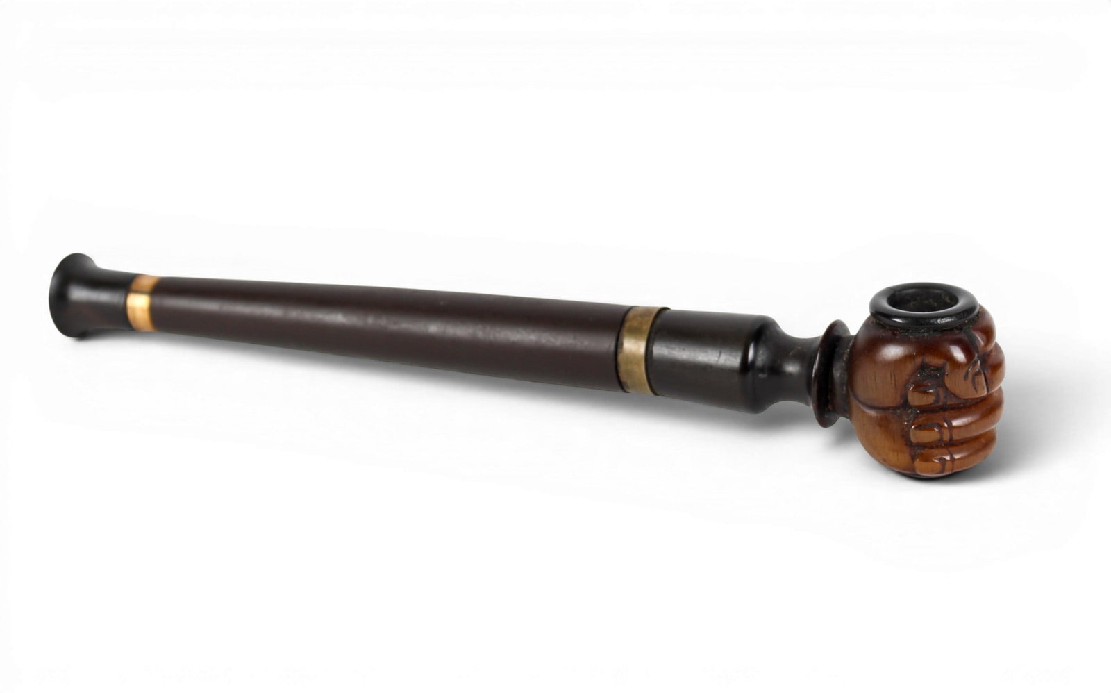 Chinese Carved Fist-Form Opium Smoking Pipe: Description: A brass mounted ebonized wood smoking pipe with removable carved horn fist-form bowl. Markings & Inscriptions: Unmarked Date: Early 20th century Maker: Chinese Dimensions: 10" L Provenanc