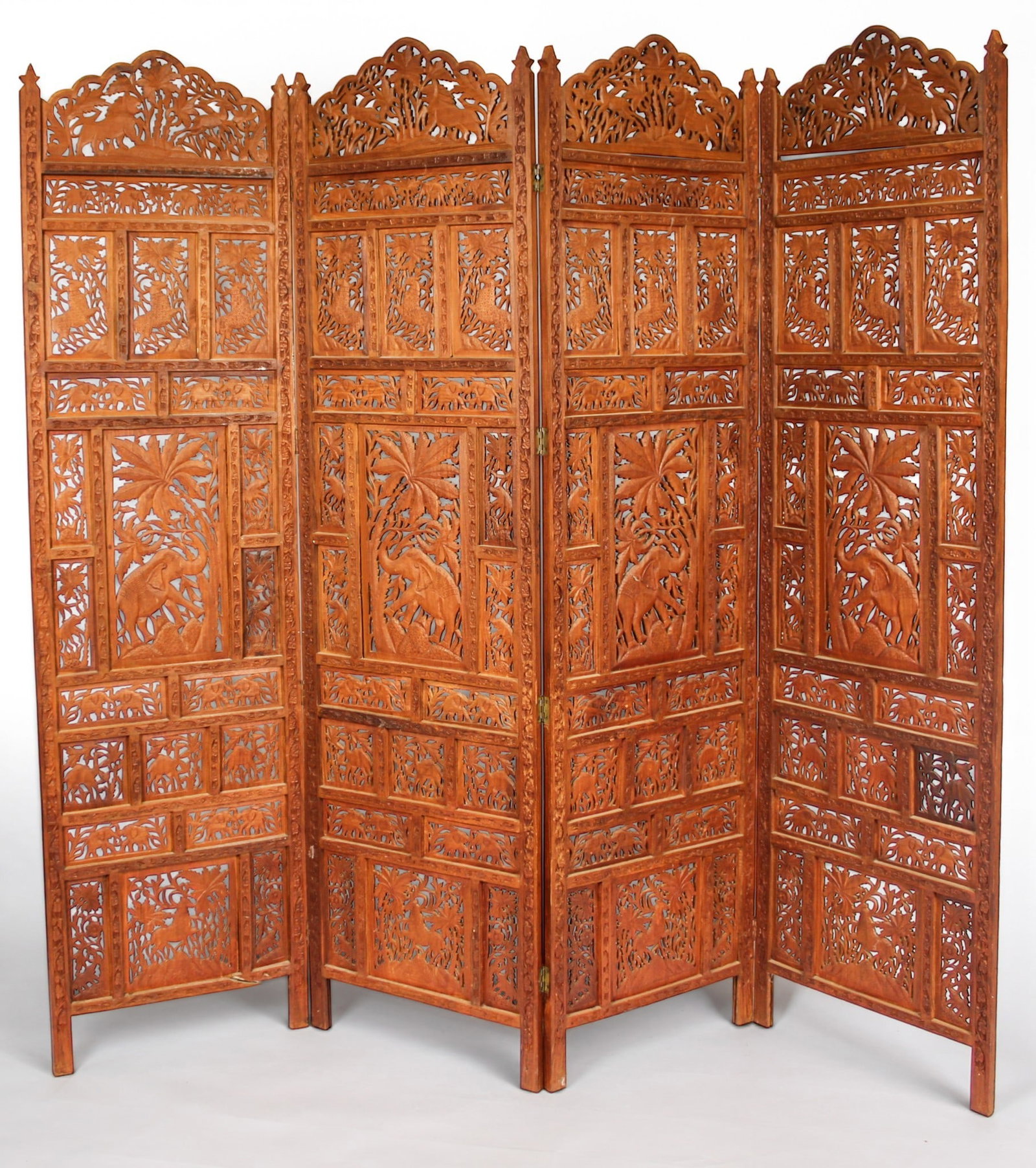 Indian Carved & Pierced Four Panel Wooden Room Divider Screen (1 of 4)