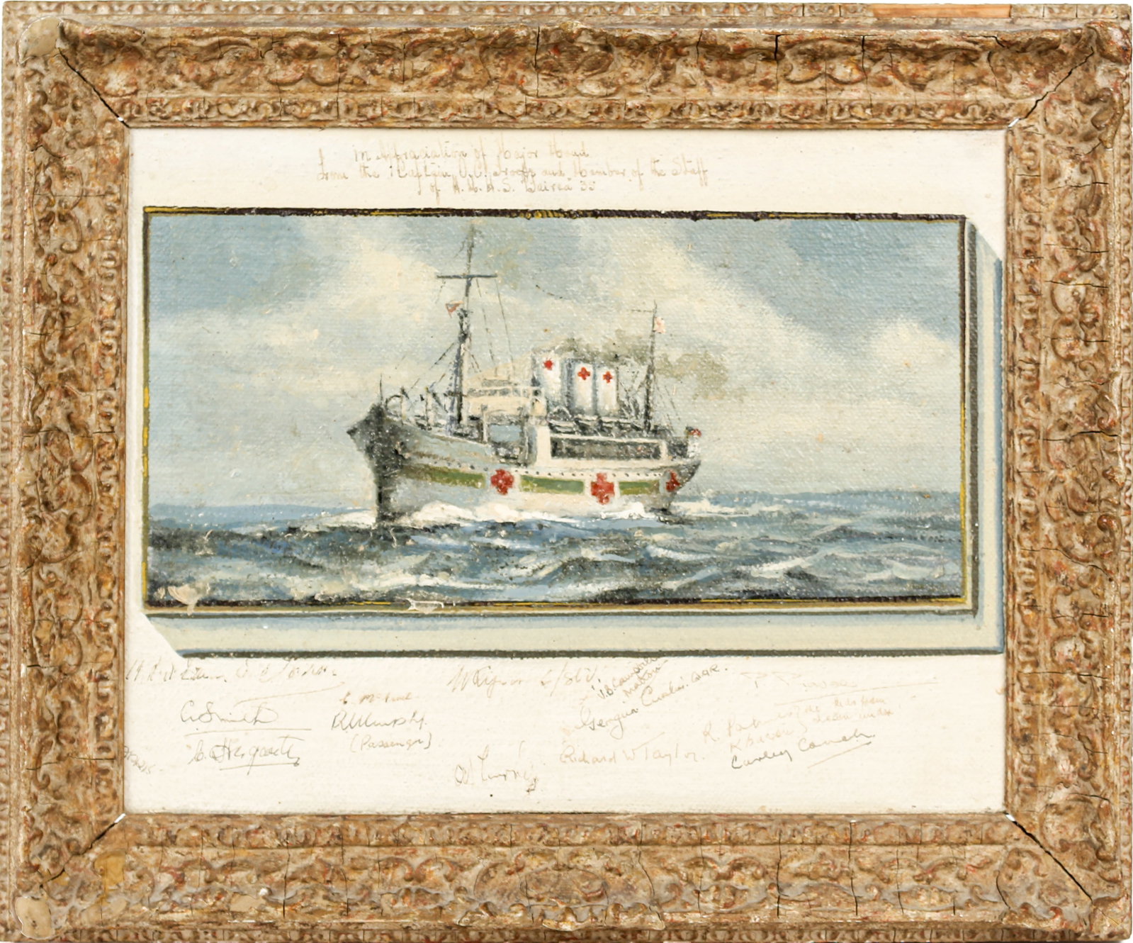 Painting of the HMHS Tairea Signed by Her Crew, 1940s: Description: A WWII-era oil on canvassed panel painting of the British hospital ship HMHS Tairea, inscribed "In Appreciation of Major Boyd from the Captain, O.C. Troops and Members of the Staff of H.M