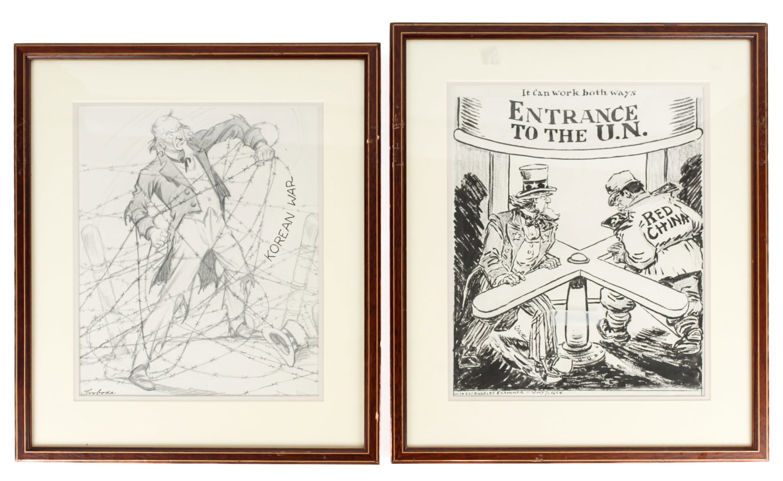 Two Pen and Ink on Paper Political Cartoons, Edmund W. Gale and Vincent A. Svoboda: Description: Two framed, matted and glazed pen and ink on paper political cartoons. The first by Edmund W. Gale dated July 7, 1954, depicting Uncle Sam and Red China working together on an opening sys
