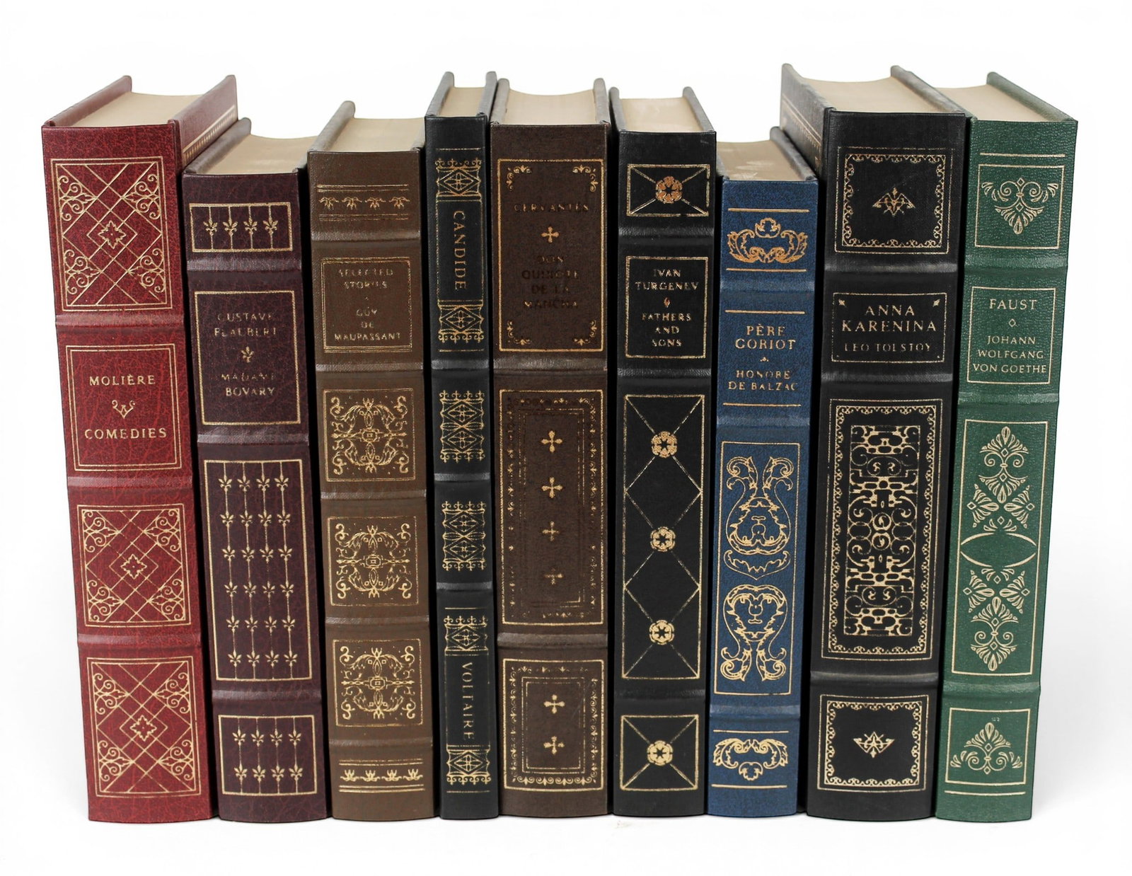 Collection of Franklin Library Leather Bound European Literature Books: Description: Collection of Franklin Library leather bound books. Comprising nine volumes including 'Selected Stories" by Guy Maupassant, 'Madame Bovary' by Gustave Flaubert, 'Comedies' by Moliere, 'Ca